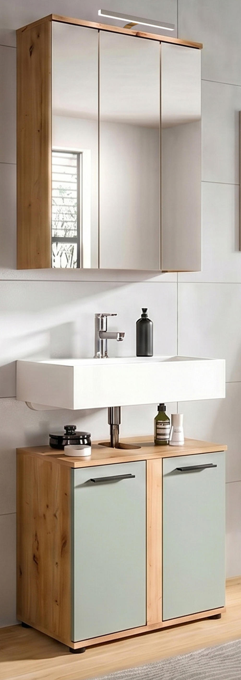 BADMÖBEL-SET Salbei grün, Eiche Artisan 60 cm 2-teilig, Badezimmerschränke inklusive LED Beleuchtung - Salbeigrün/Schwarz, Glas/Holzwerkstoff (60/191/34cm) - Inn.Furn
