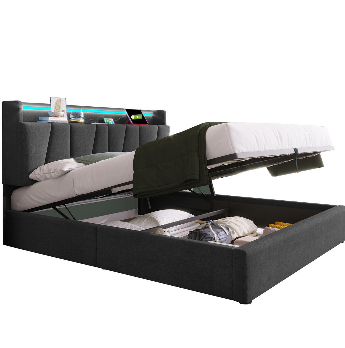 POLSTERBETT 160/200 cm grau mit Stauraum und USB-Anschlüssen - Grau, Textil (160/200cm) - OKWISH