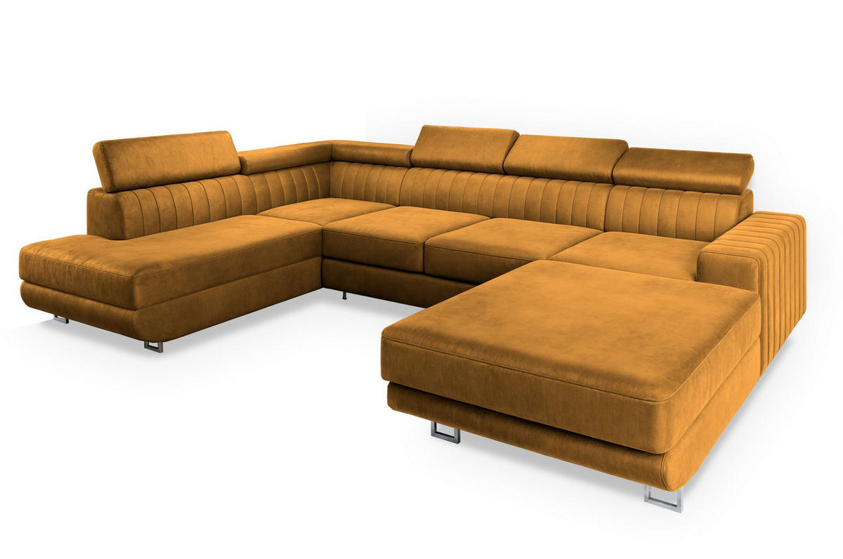 WOHNLANDSCHAFT SIENA L-S Gelb Velours-Stoff mit Schlaffunktion - Gelb, Holz (335/89/190cm) - MASSENO