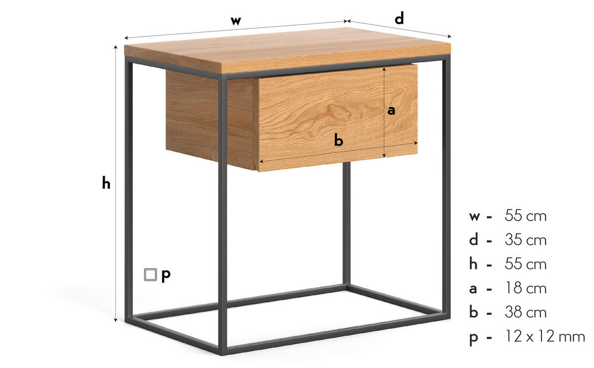 NACHTTISCH Hover aus massivem Eichenholz - Eichefarben/Schwarz, Holz/Metall (55/55/35cm) - Danzz