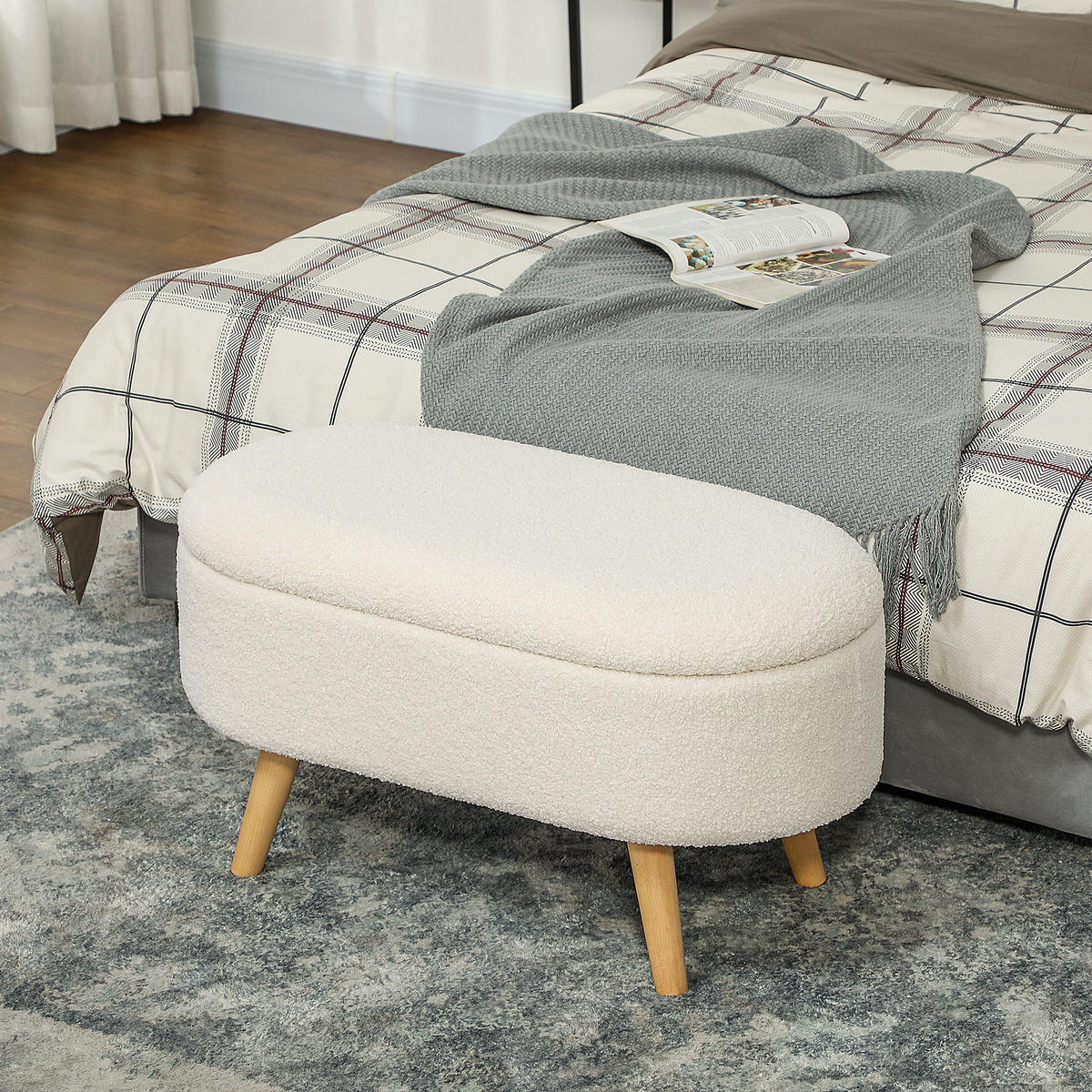 SITZBANK mit Stauraum, Polsterbank mit Deckel, Bettbank mit Teddysamtoptik - Weiß, Kunststoff (41/45/82cm) - HOMCOM