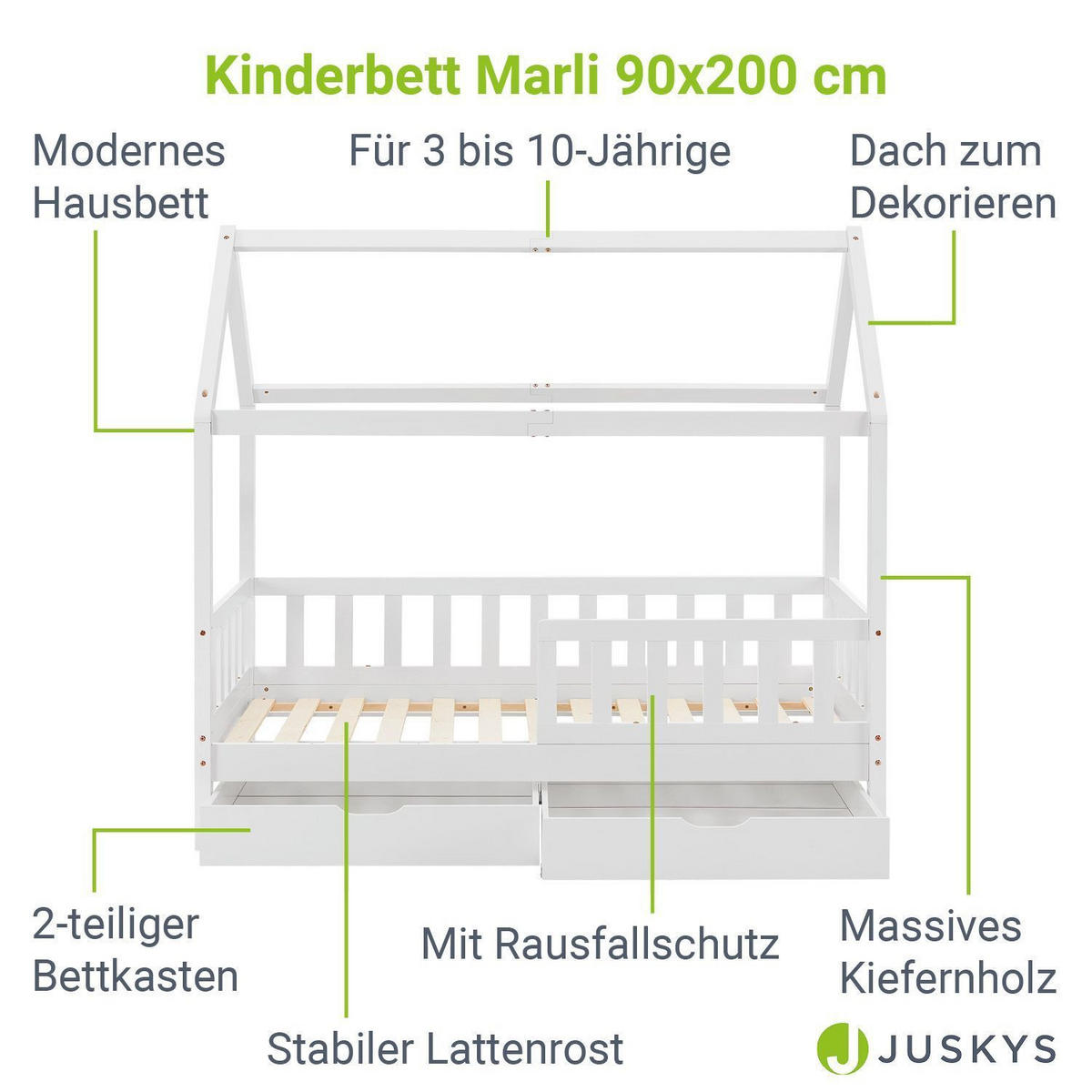 KINDERBETT Marli mit Matratze und Bettkasten weiß 90x200 cm - Weiß, Holz (90/200cm) - Juskys