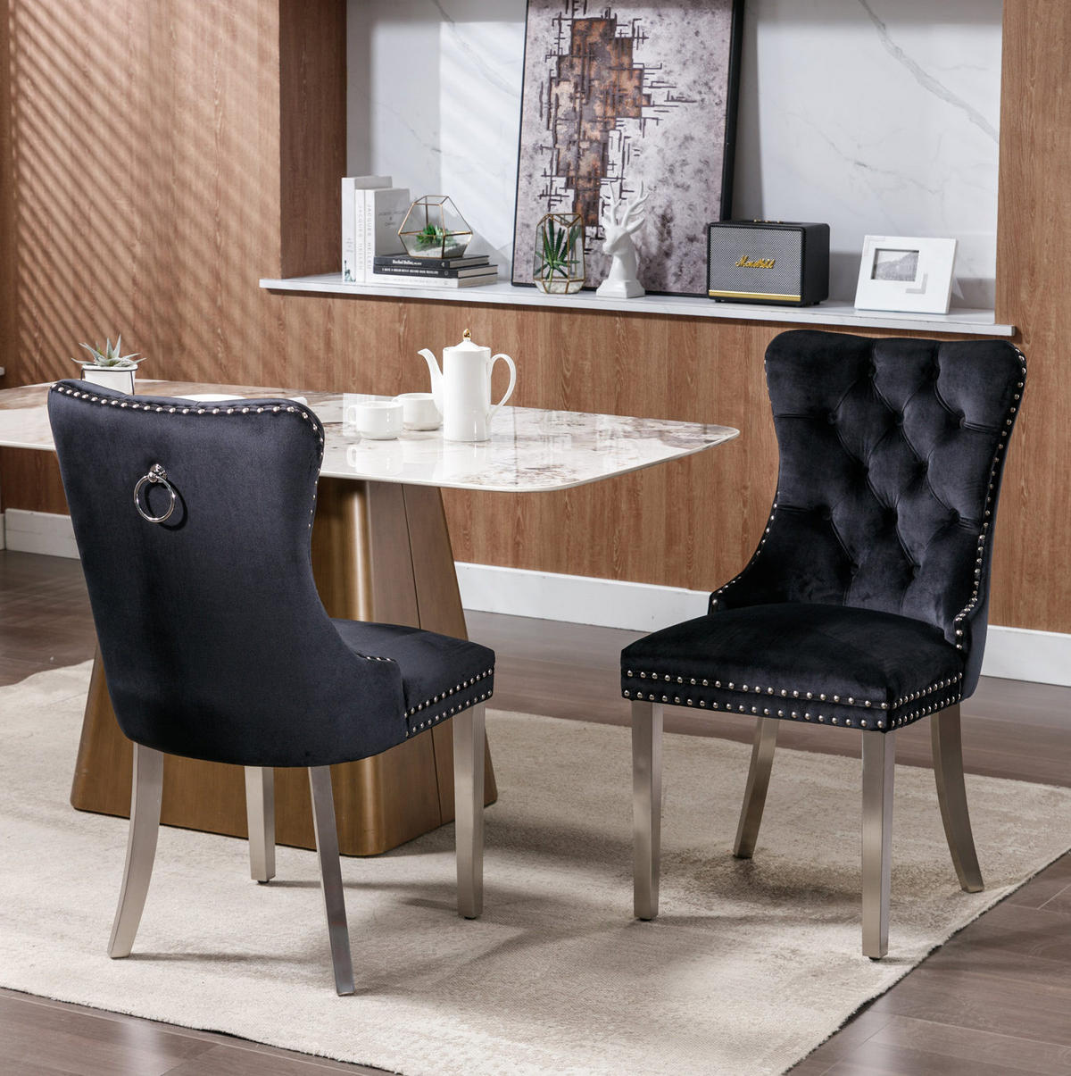 ESSZIMMERSTUHL 2er-Set mit hoher Rückenlehne Samt Schwarz - Schwarz, Metall (50/95/65cm) - Meubliv