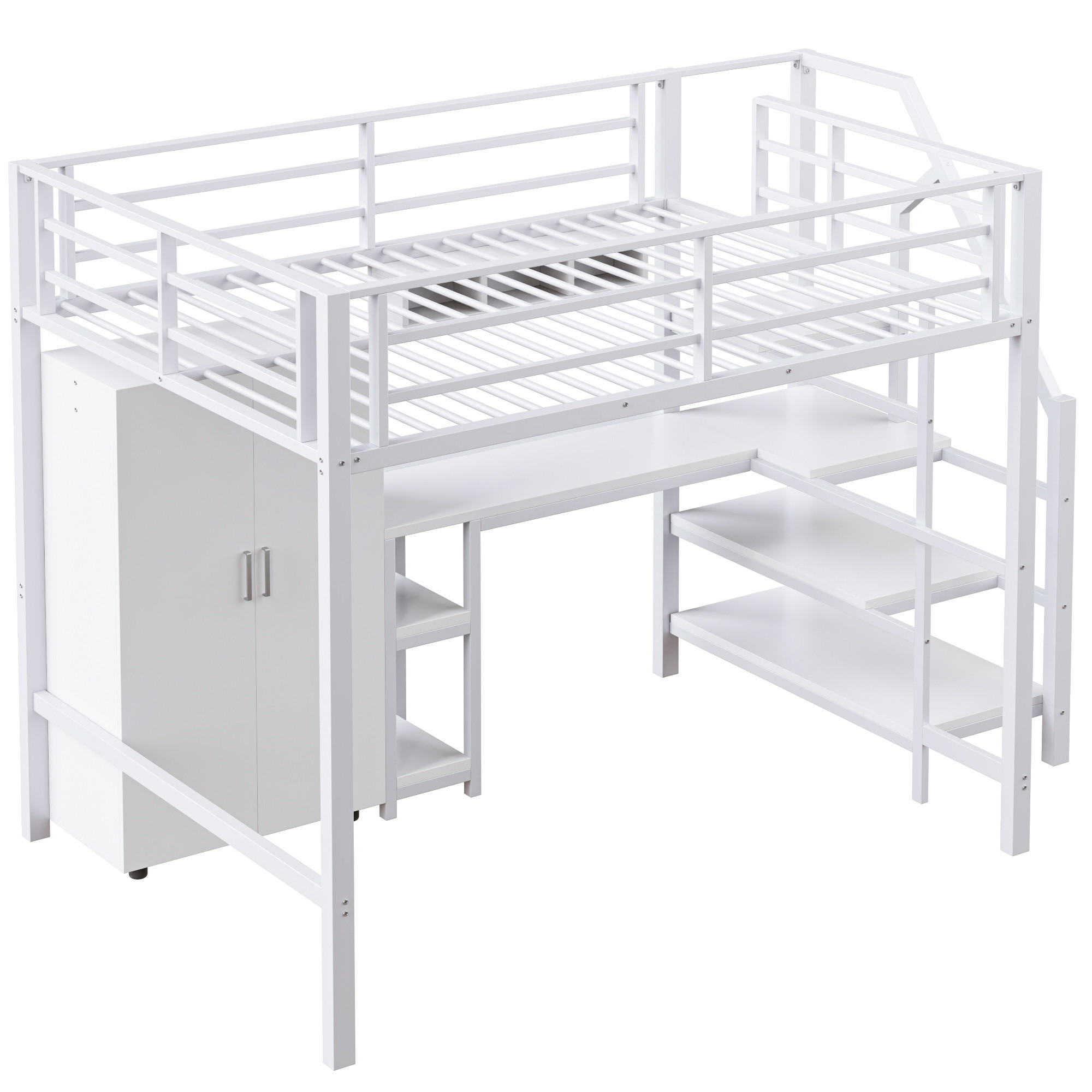 HOCHBETT 140/200 cm DE-04653, mit Kleiderschrank, Schreibtisch und Ablageleiter in Weiß - Weiß, Metall (140/200cm) - ComfortXL