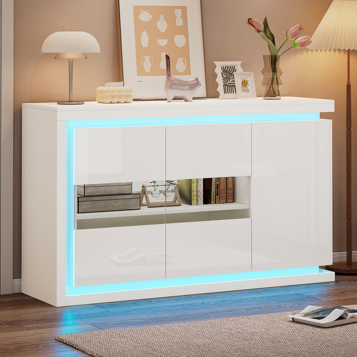 SIDEBOARD LED Hochglanz 4 Fächer Glas 140x40x84cm - Weiß, Holzwerkstoff (40/84/140cm) - FLIEKS