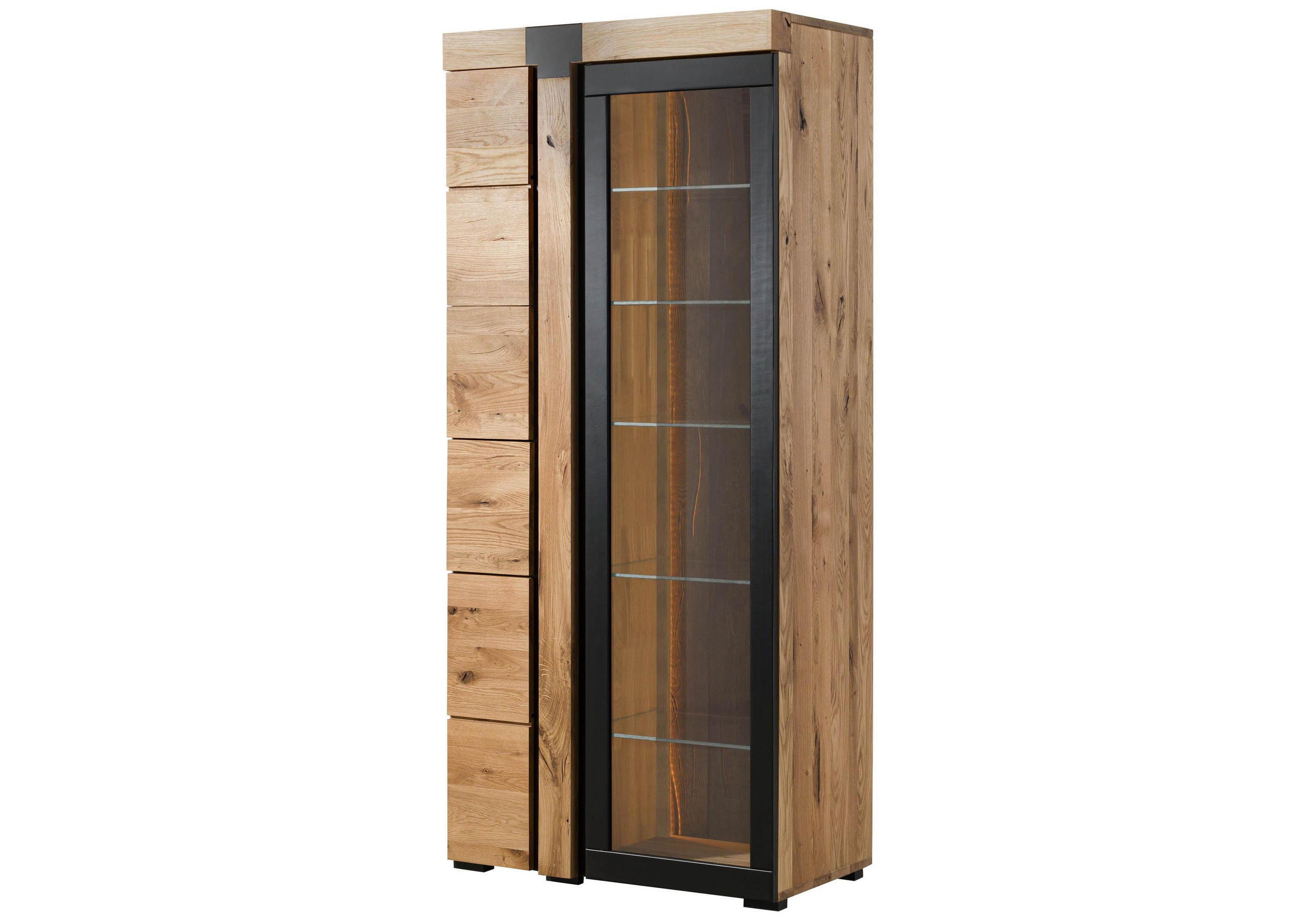 VITRINE Wildeiche 80x45x180 natur geölt ROTTERDAM #111 - Braun, Holz (80/180/45cm) - Massivmoebel24