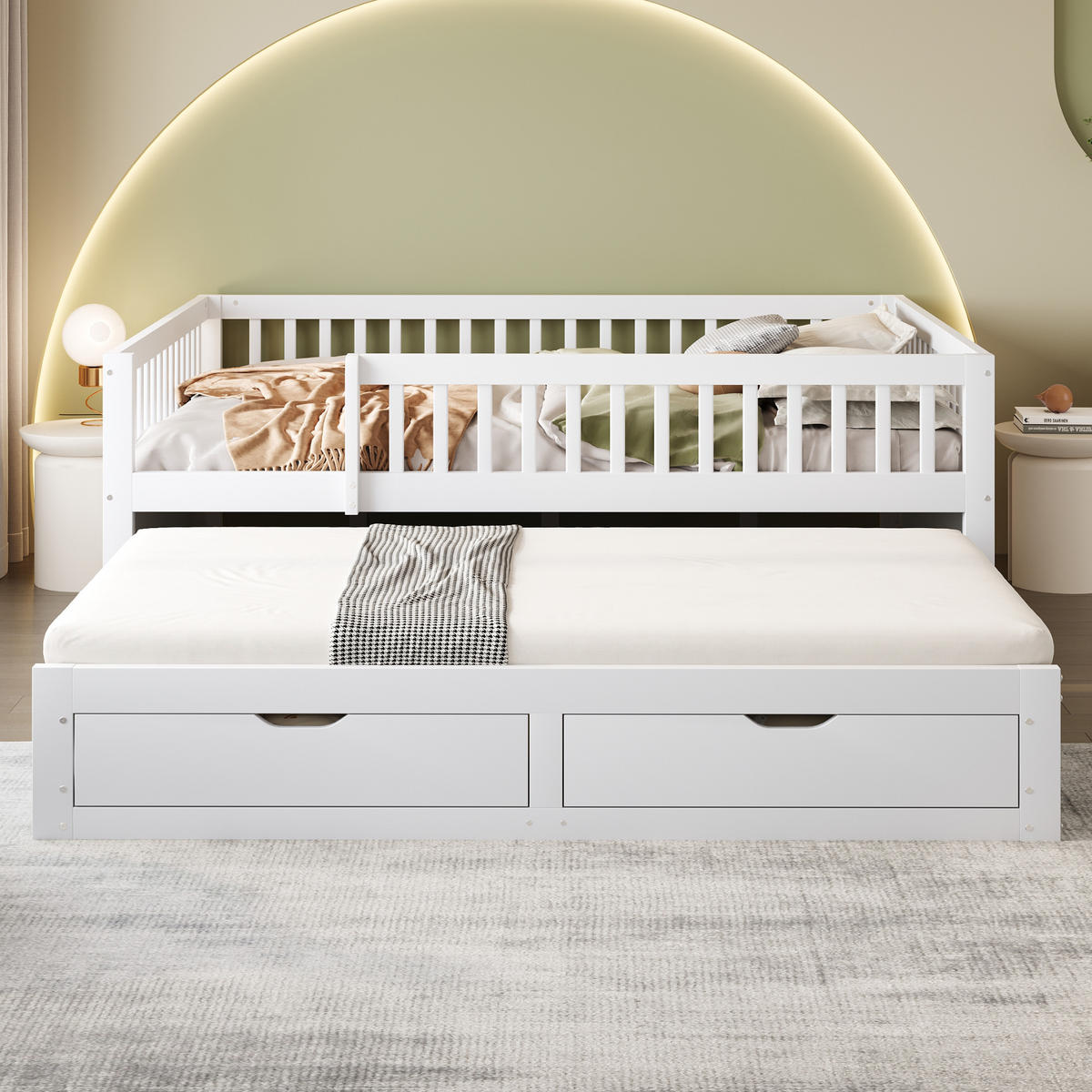 MULTIFUNKTIONSBETT 140/200 cm aus Massivholz mit Sicherheitsgitter und Ausziehbett Weiß - Weiß, Holz - OKWISH