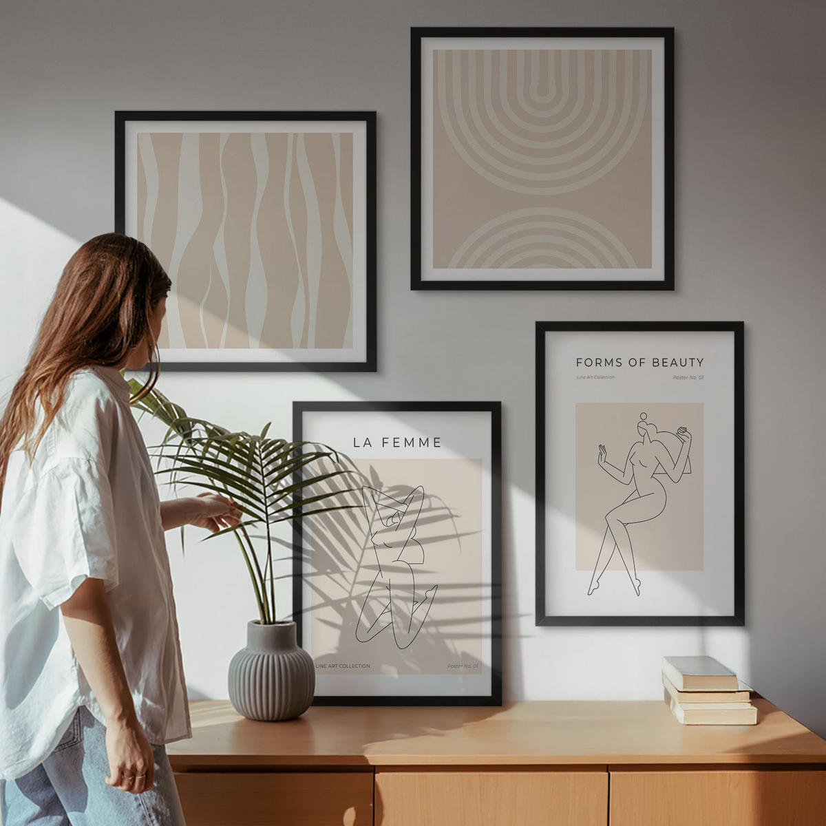 BILDER SET 4er Set - 50x50 cm & 40x60 cm Schwarzer Rahmen - Eine Sammlung minimalistischer Formen - Schwarz, Kunststoff (50/50cm) - TULUP