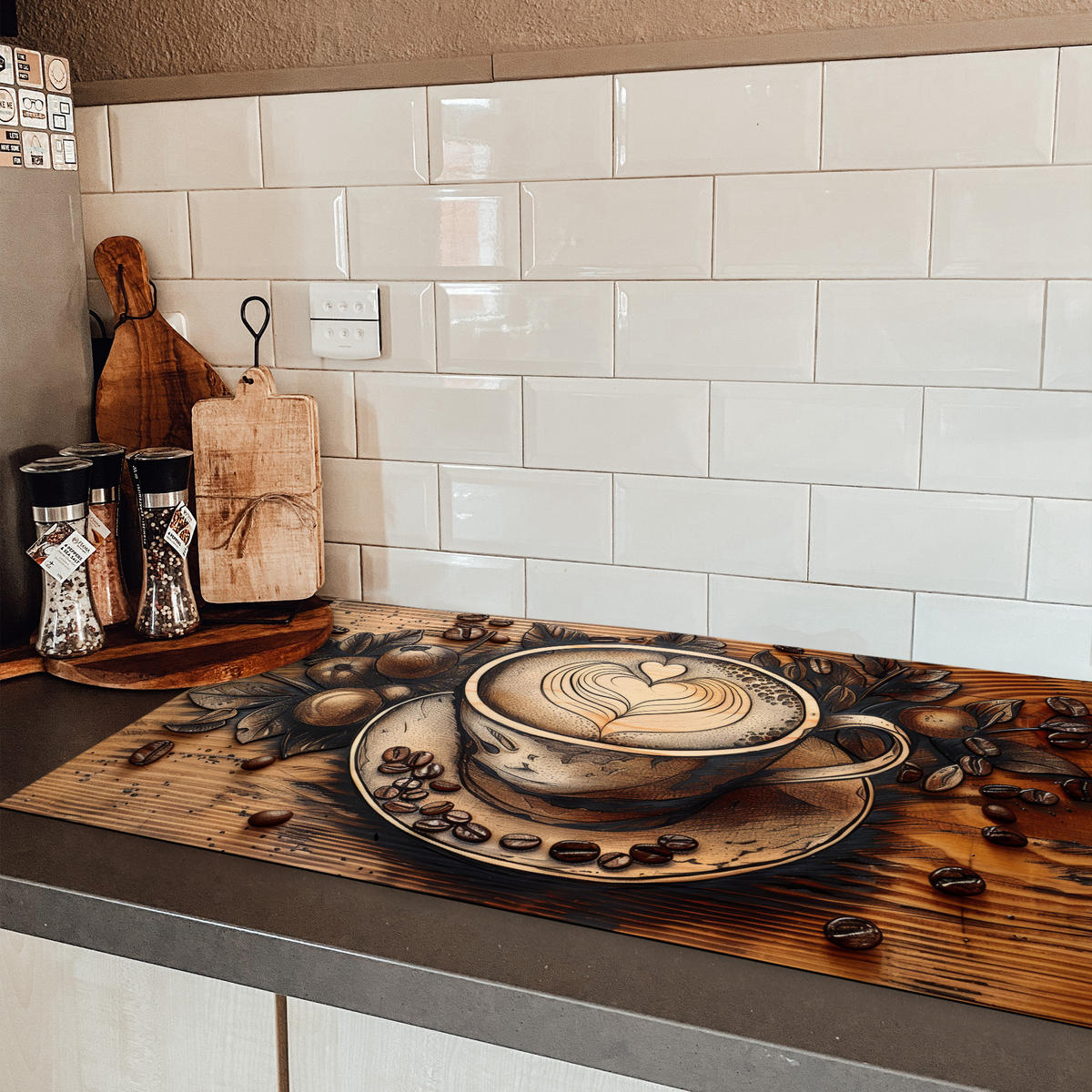 HERDABDECKPLATTE Kaffee - Vintage - Braun - Tasse - Holz Induktionsschutz 89.6x51.6 cm - Cappuccino, Kunststoff (89.6/51.6/0.2cm) - MuchoWow