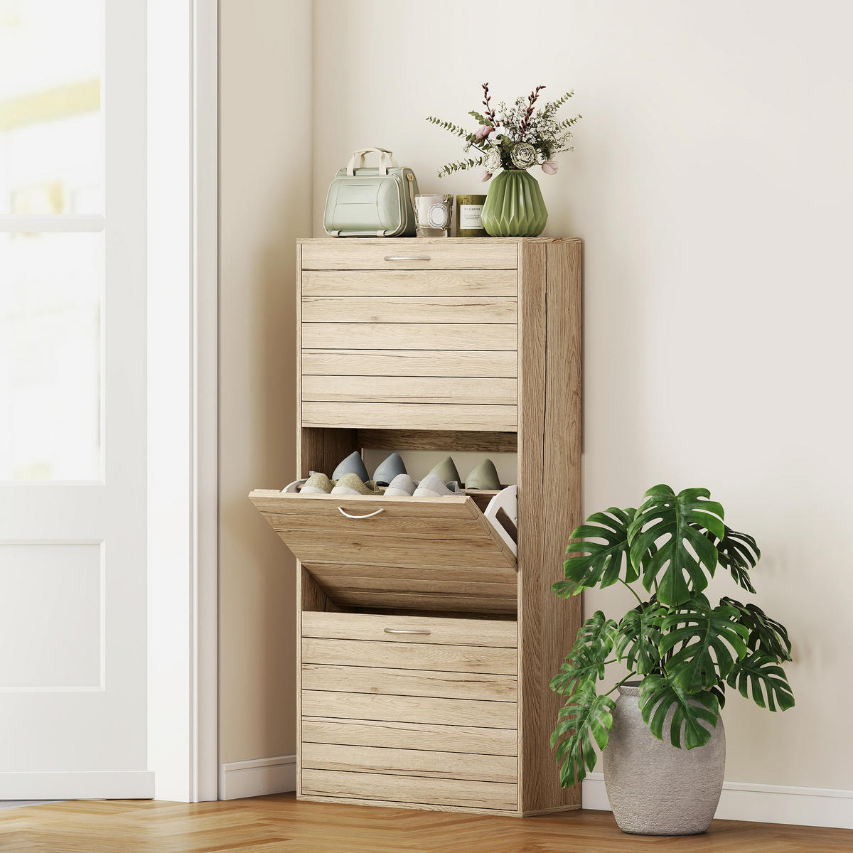 SCHUHSCHRANK,SCHMAL 3 Flügeltüren verstellbare Böden für 12 Paar,eiche - Beige, Holzwerkstoff (57/116/23.5cm) - Vallsero