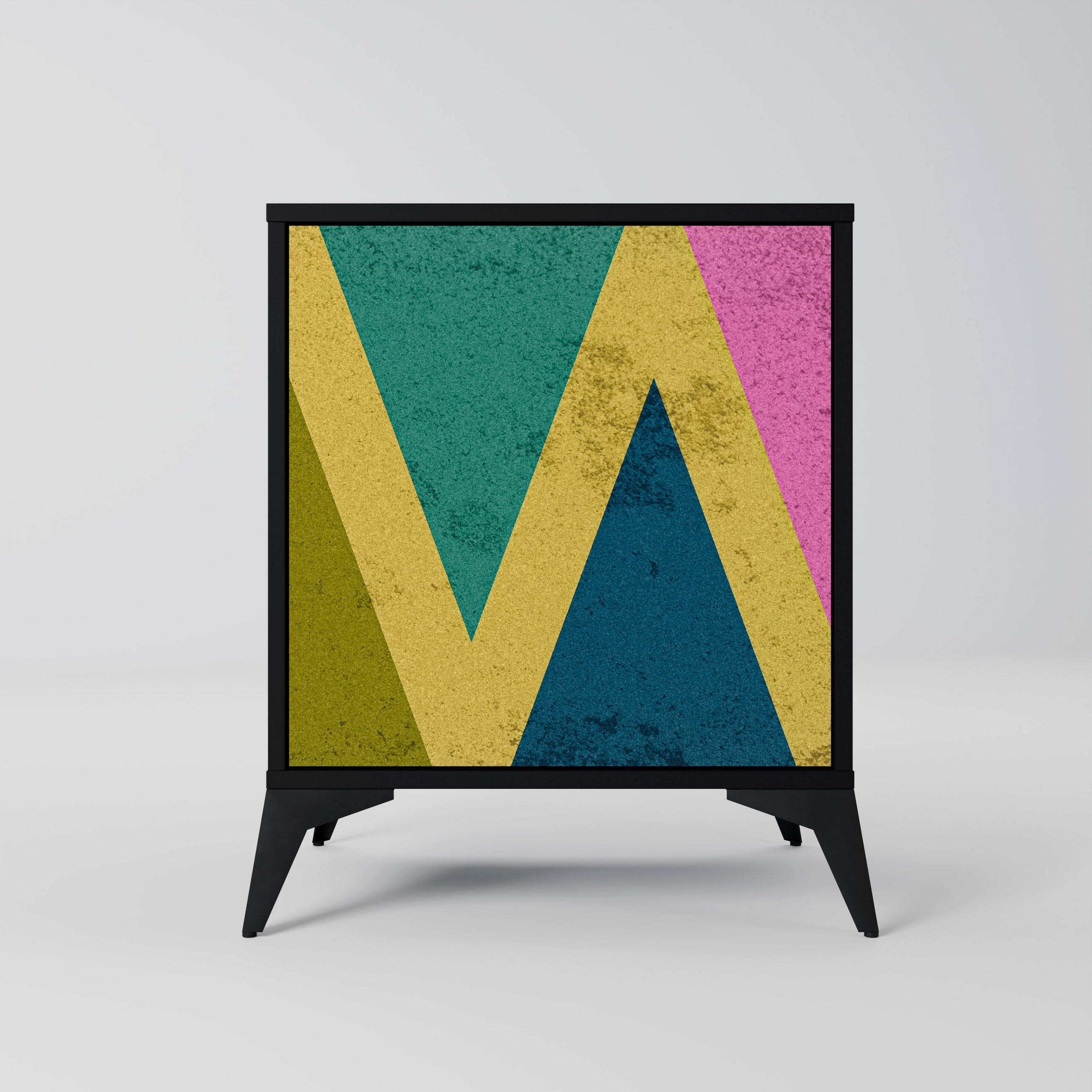 SIDEBOARD COLORFUL TRIANGLES, Schwarz, 57,5x42x70,5 cm, Schwarze Metall-Sternfüße - Multicolor/Schwarz, Holzwerkstoff/Metall (57.5/70.5/42cm) - SpaceRebels