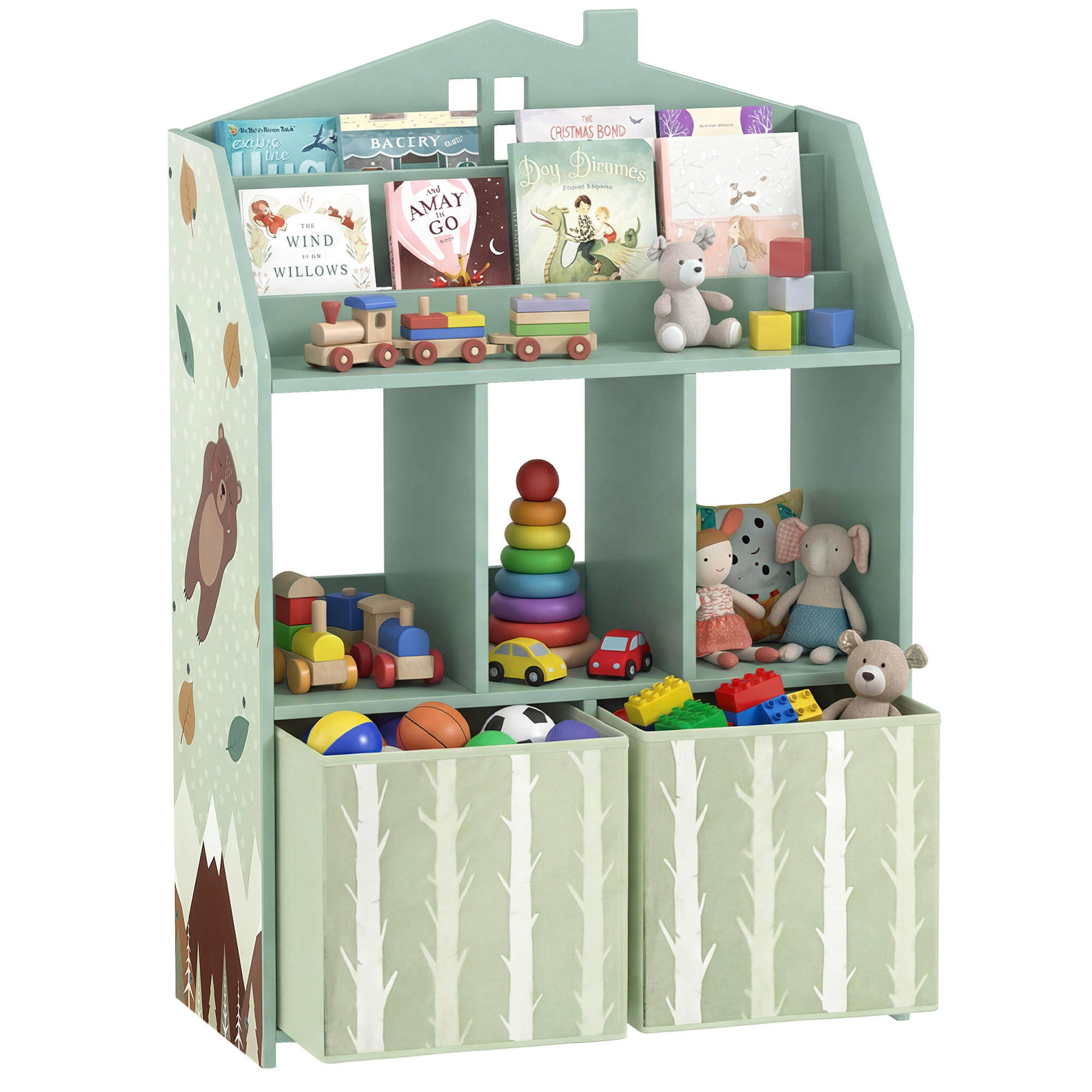 KINDERREGAL Grün mit 2 Stoffschubladen Haus-Design - Grün, Holzwerkstoff (62.5/91.5/30cm) - PANGIVO