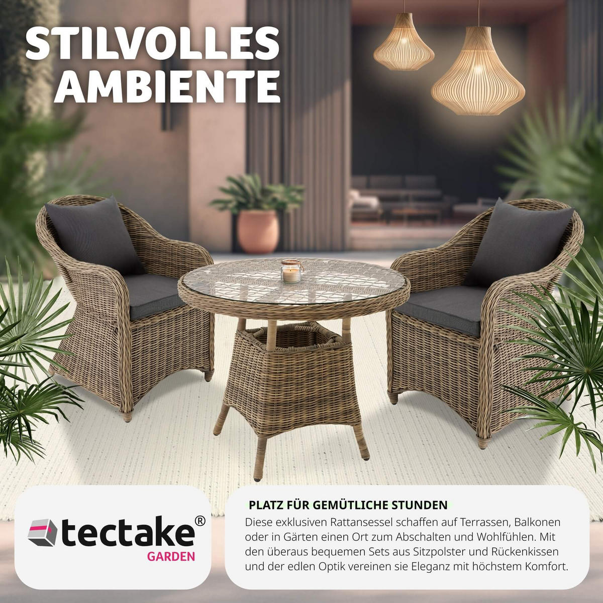 RATTANSESSEL 2er Set, 71 x 60 x 84 cm,natur - Naturfarben, Kunststoff (60/84/71cm) - tectake