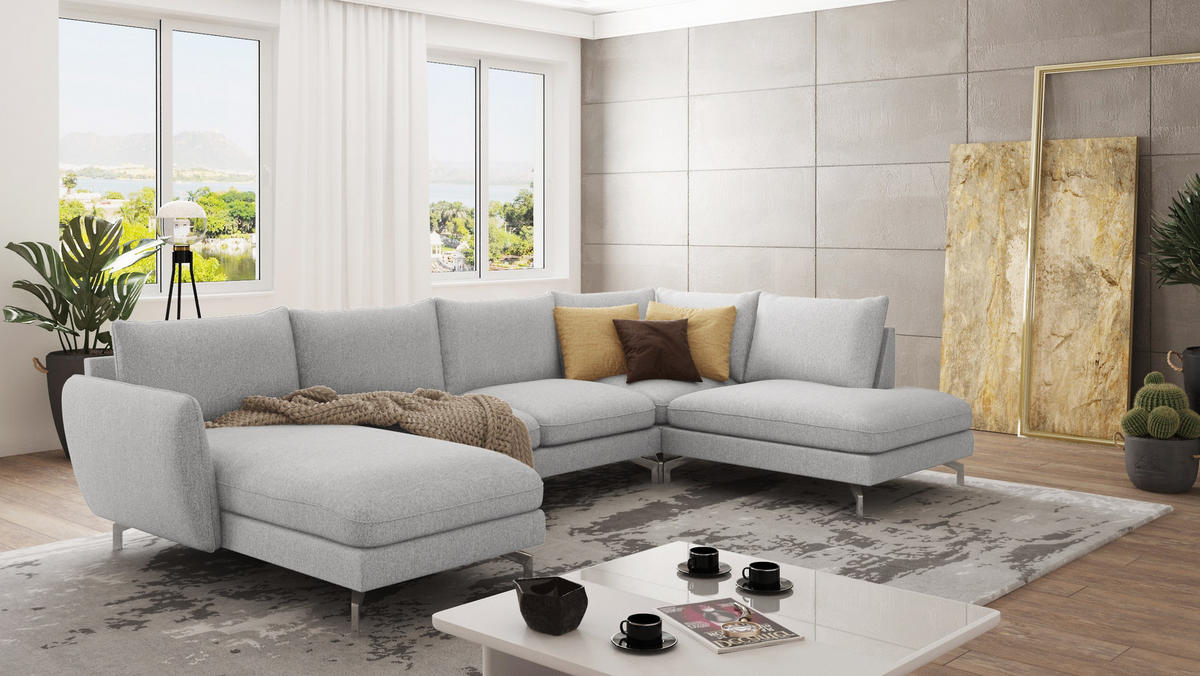 WOHNLANDSCHAFT Elou Silber Luxusmicrofaser - Chromfarben/Silberfarben, Textil/Metall (336/87/200cm) - S-Style Möbel