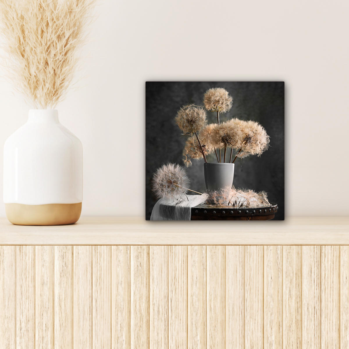LEINWANDBILD Blumensamen - Löwenzahn - Vase - Stilleben - Blumenstrauß Deko Wohnzimmer 20x20 cm - Dunkelgrau, Textil (20/20cm) - MuchoWow