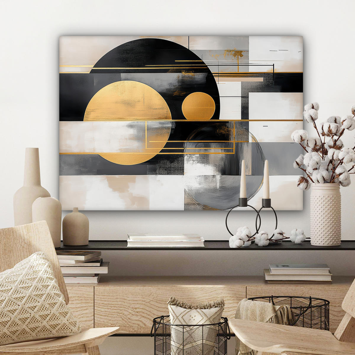 LEINWANDBILD Abstrakt - Gold - Silber - Formen - Ästhetisch - Modern Wandbilder 80x60 cm - Goldfarben, Textil (80/60cm) - MuchoWow