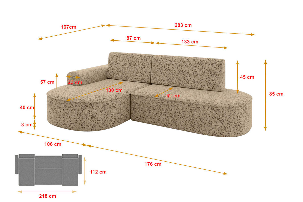 ECKSOFA mit Schlaffunktion und Bettkasten Ottomane Links MARI-L1-S - 283x167x85 cm Hellgrau Tissu - Hellgrau/Schwarz, Holzwerkstoff/Kunststoff (283/167cm) - ALTDECOR