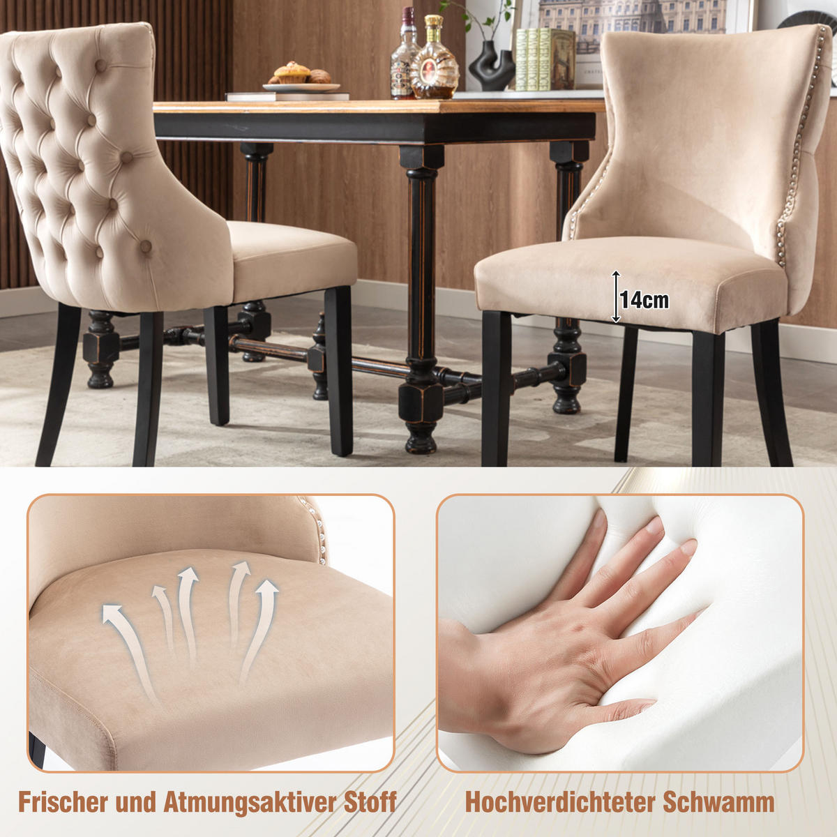 STUHL mit Samtbezug stabil Beige 41x50x91 cm Textil - Beige, Textil (41/91/50cm) - SONNENH