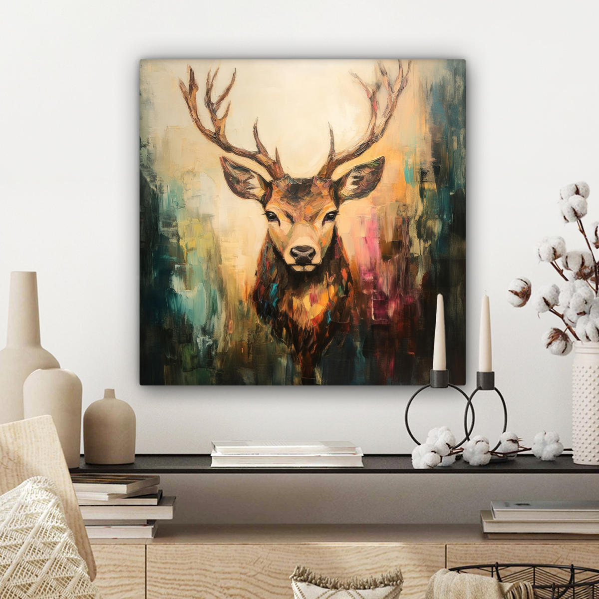 LEINWANDBILD Hirsch - Gemalt - Geweih - Braun 50x50 cm - Haselnussfarben, Textil (50/50cm) - MuchoWow