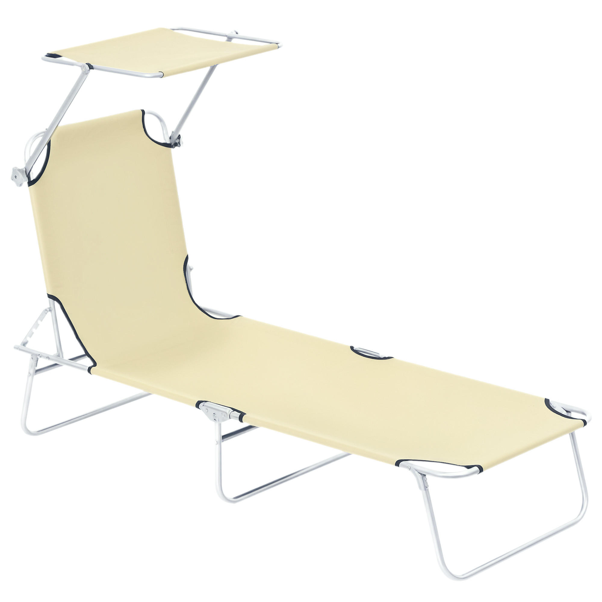 KLAPPBARE Sonnenliege mit Sonnendach und 4-fach verstellbarer Rückenlehne, wetterfeste Campingliege bis 120 kg, Beige - Beige, Metall (187/36/58cm)