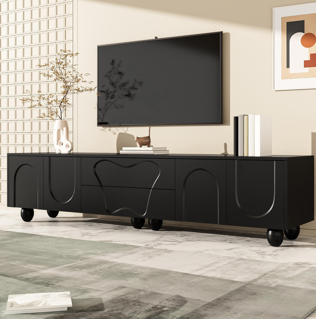 TV-SCHRANK 180/40/42 cm schwarz PB mit Naturholzbeinen und vielseitigem Stauraum - Schwarz, Holzwerkstoff (180/42/40cm) - OKWISH