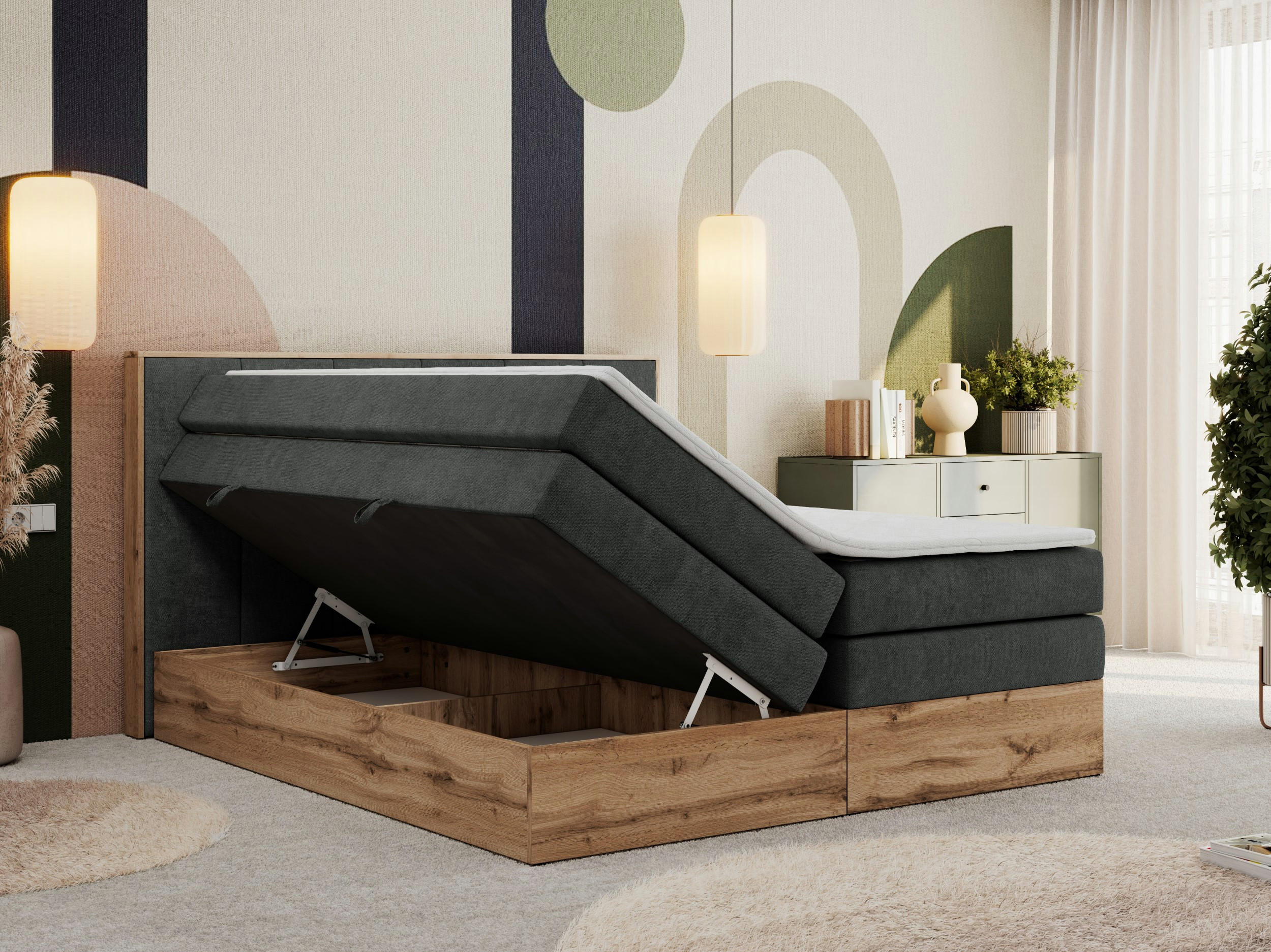 Thumbnail - MKS Boxspringbett, Dunkelgrau, Textil, 2-Sitzer, H3, Rechteckig, 180x200 cm, Oeko-Tex®, Schlafzimmer, Betten, Boxspringb...