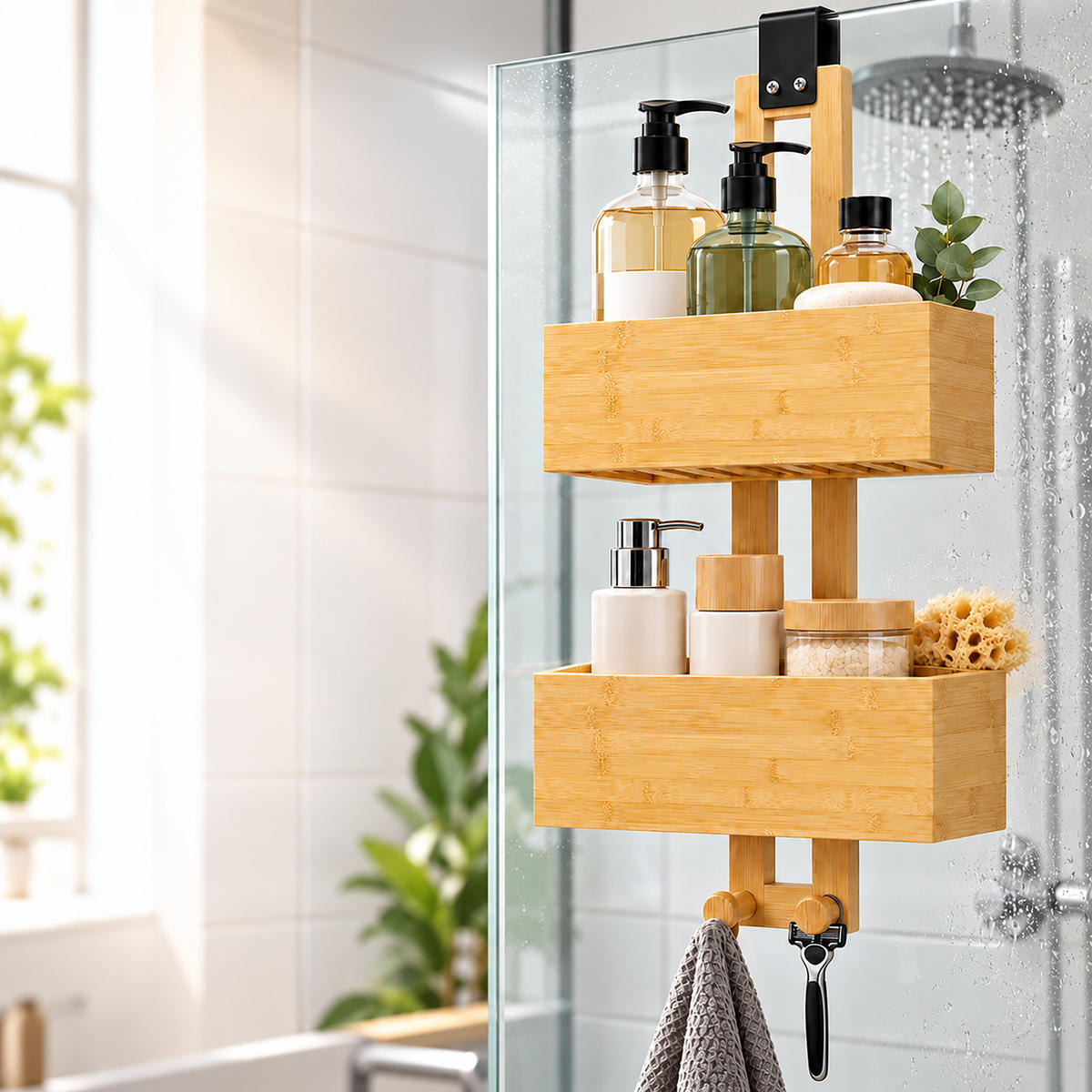 DUSCHHYLLA Natur Svart bambu hängande utan borrning 2 hyllor - Ljusbrun, Trä/Textil (20/40/9cm) - Relaxdays