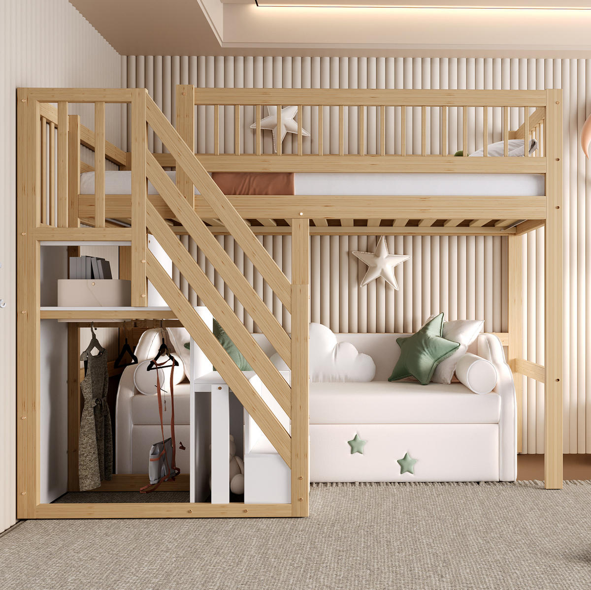 HOCHBETT Kinderhochbett 90/200 cm aus Kiefernholz mit Aufbewahrungstreppe Natur - Naturfarben, Holzwerkstoff (90/200cm) - Modenvie