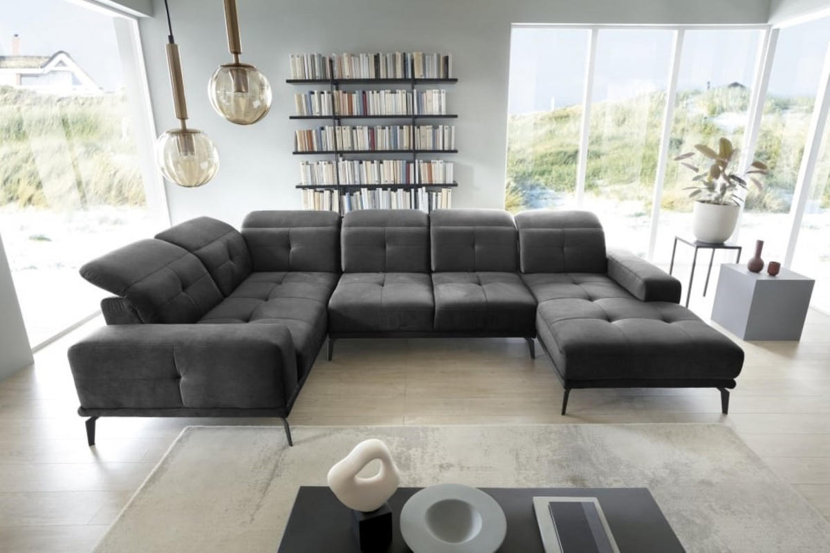WOHNLANDSCHAFT mit Sitztiefenverstellung, wasserabweisender Nube-Stoff der Spitzenklasse - Dunkelgrau/Schwarz, Textil/Metall (350/77/210cm) - Eltap