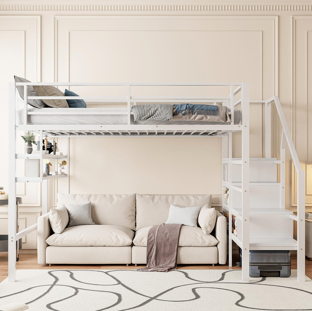 HOCHBETT 140/200 cm aus Metall mit Stauraumleiter, Regalfächern und Freiraum unter dem Bett, Weiß - Weiß, Metall (140/200cm) - Redom