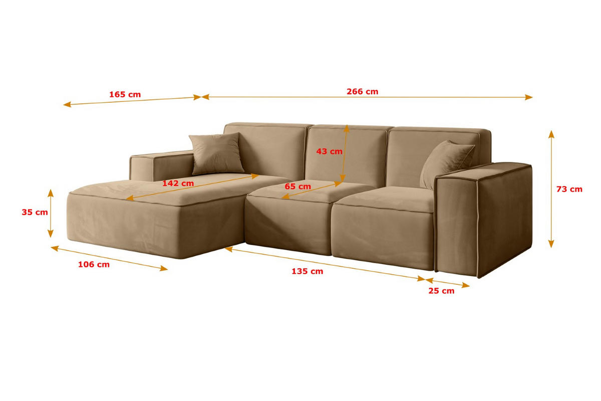 ECKSOFA Ottomane Rechts SERRA-L - 266x165x73 cm Beige Velours - Beige/Schwarz, Holzwerkstoff/Kunststoff (266/165cm) - ALTDECOR