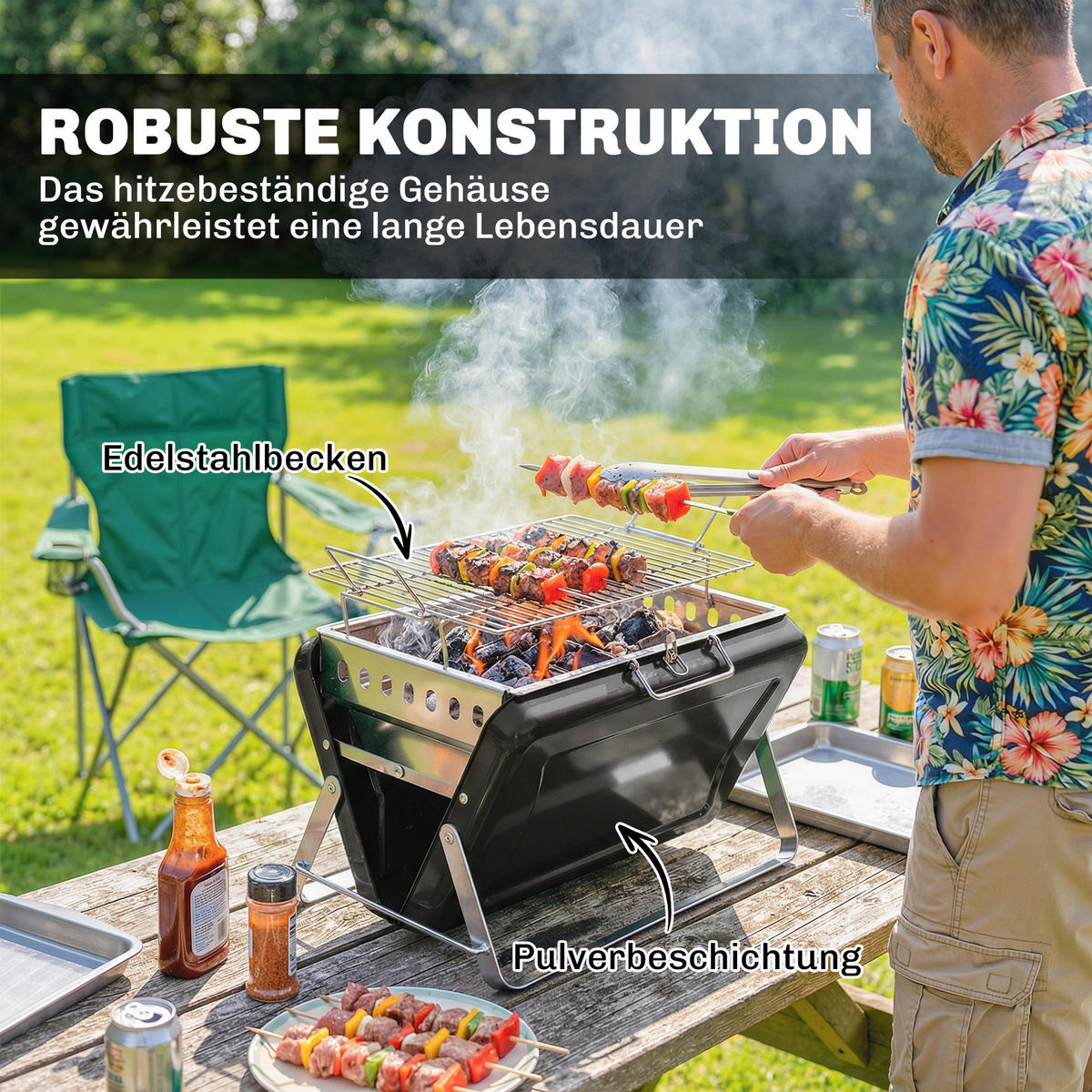 HOLZKOHLEGRILL Edelstahl Schwarz - Schwarz, Metall (28/25.5/40cm) - Outsunny