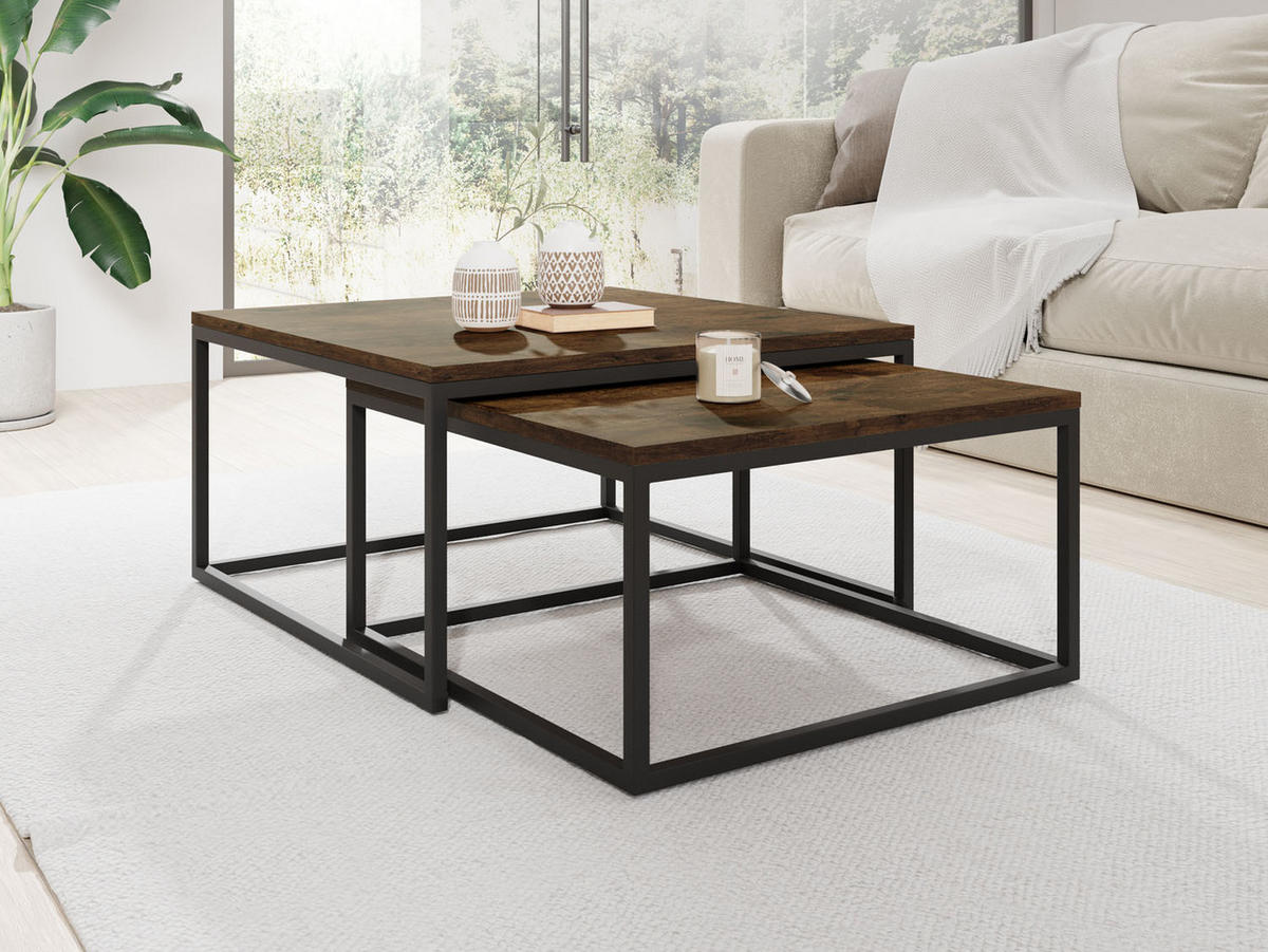 COUCHTISCHE Vella 2er-Set quadratisch, Lefkas Eiche 76/76/39cm + 66/66/34 cm - Alteiche/Schwarz, Holzwerkstoff/Metall (76/76/39cm) - WFL GROUP