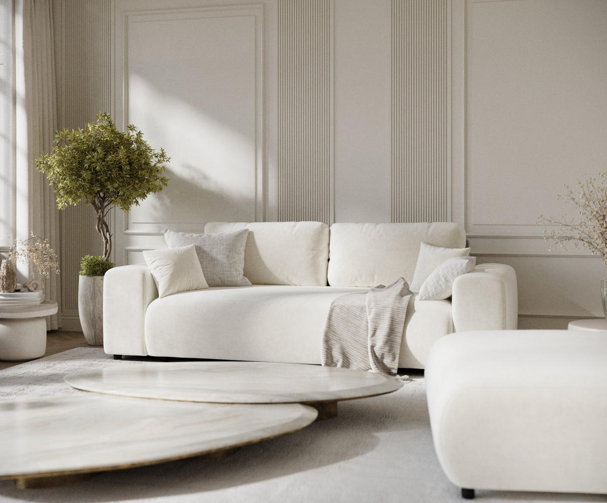 3-SITZER-SOFA Zanzibar Creme Samtstoff - Creme/Schwarz, Holz/Holzwerkstoff (213/79/108cm) - Maison de Reve