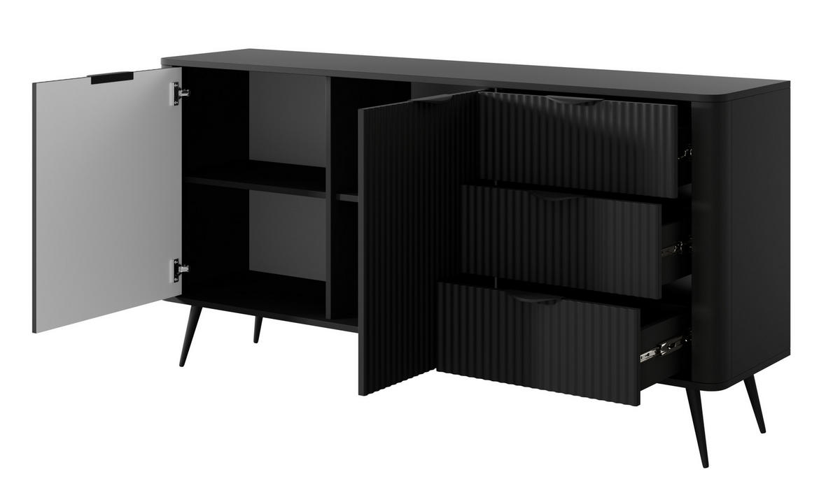 SIDEBOARD Vespasia 2T 3S Schwarz 163,2/81,2/38 cm – Geriffelten Fronten - Schwarz, Holzwerkstoff/Metall (163.2/81.2/38cm) - AX Living