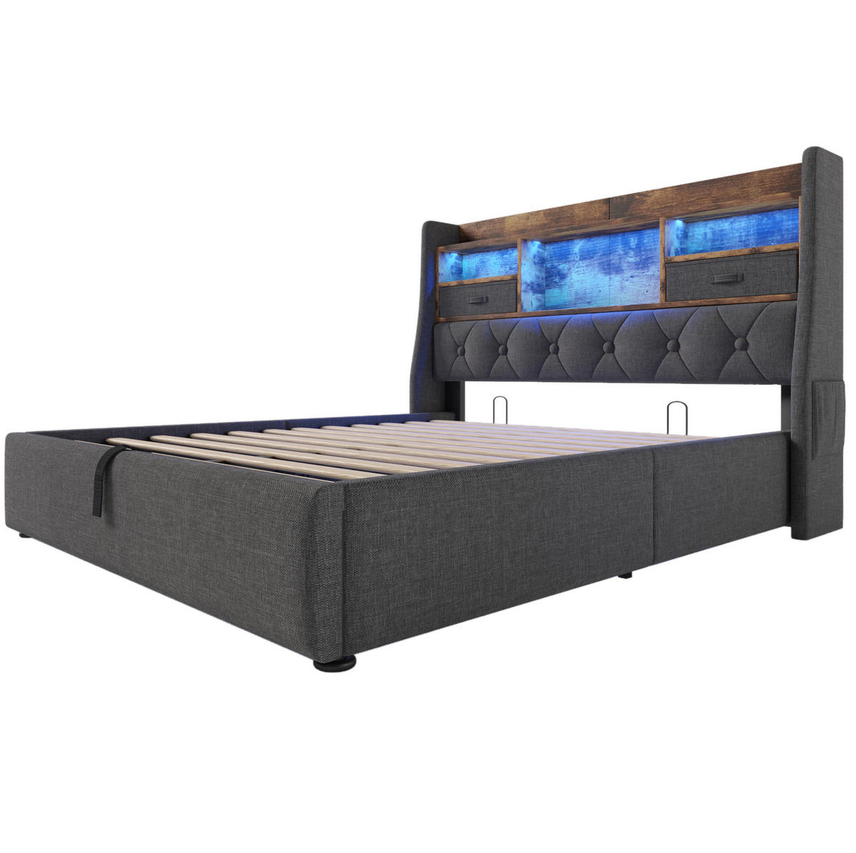 POLSTERBETT 140/200 cm Grau mit Stauraum, LED-Beleuchtung und USB- und Type-C-Anschlüssen - Grau, Textil (140/200cm) - Flora Grace