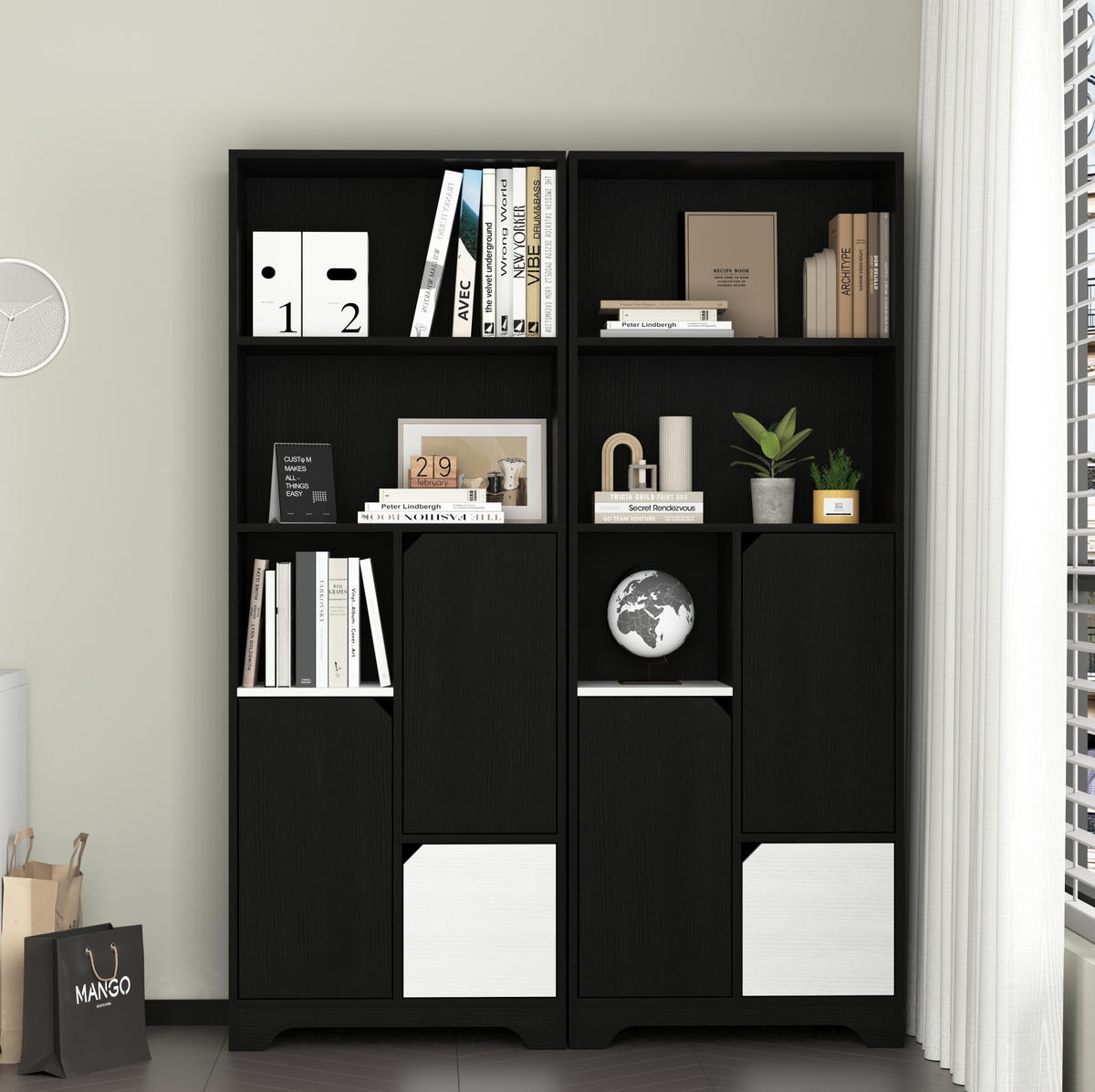 BÜCHERREGAL 60/35/160 cm mit 2 offenen Fächern, Tür und Schubladen aus Holzwerkstoff, Schwarz/Weiß - Schwarz, Holzwerkstoff (60/160/35cm) - Redom
