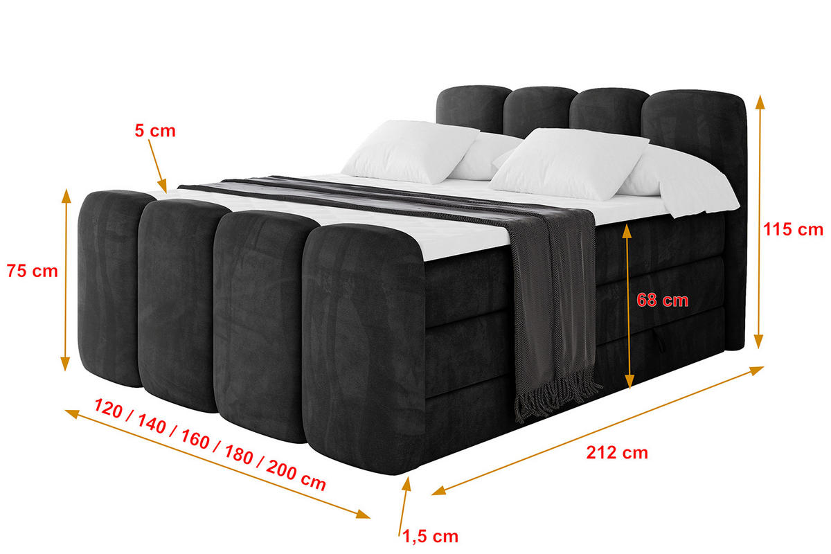 BOXBETT mit Matratze H3|H4 und Lattenrost - NINA-Z KING - 180x200 cm - Schwarz - Schwarz Hochglanz, Holzwerkstoff (180/200cm)