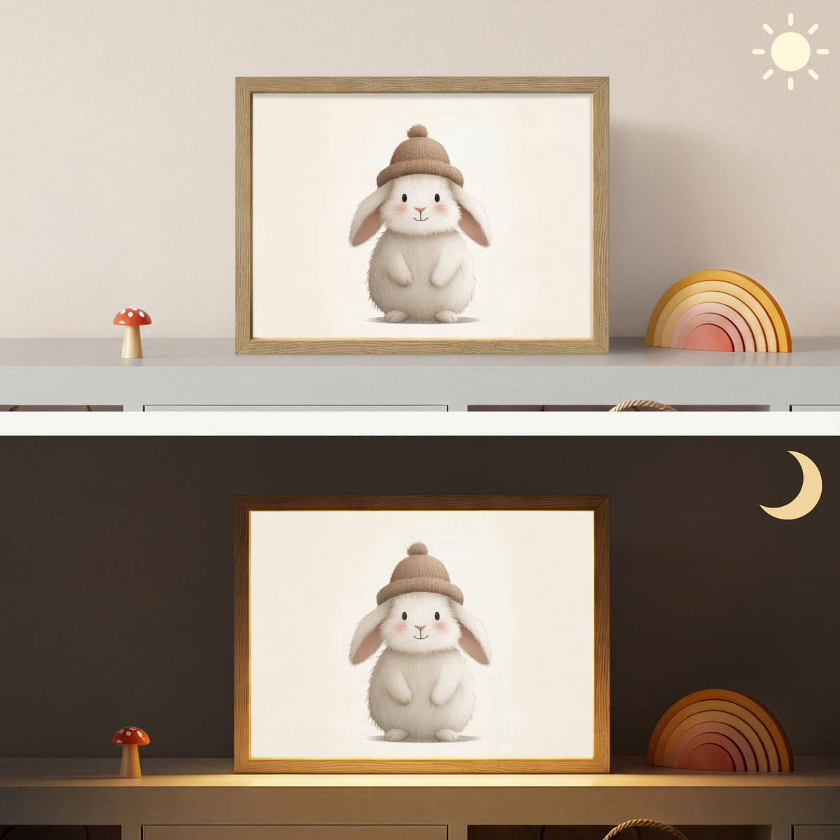 NÁSTĚNNÁ LAMPA S AKUMULÁTOREM Králík - Klobouk - Uši - béžový 40x30 cm - krémová, kompozitní dřevo (40/30/8cm) - OnlyWow