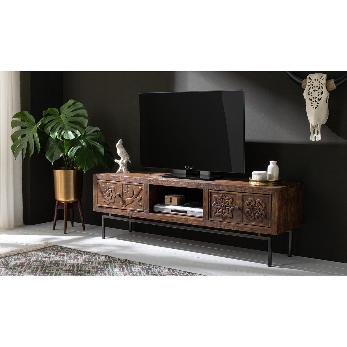 TV-LOWBOARD - Akazie massiv / Metall - Akazie / Schwarz - Akaziefarben, Holz/Metall (148/47/40cm) - home24