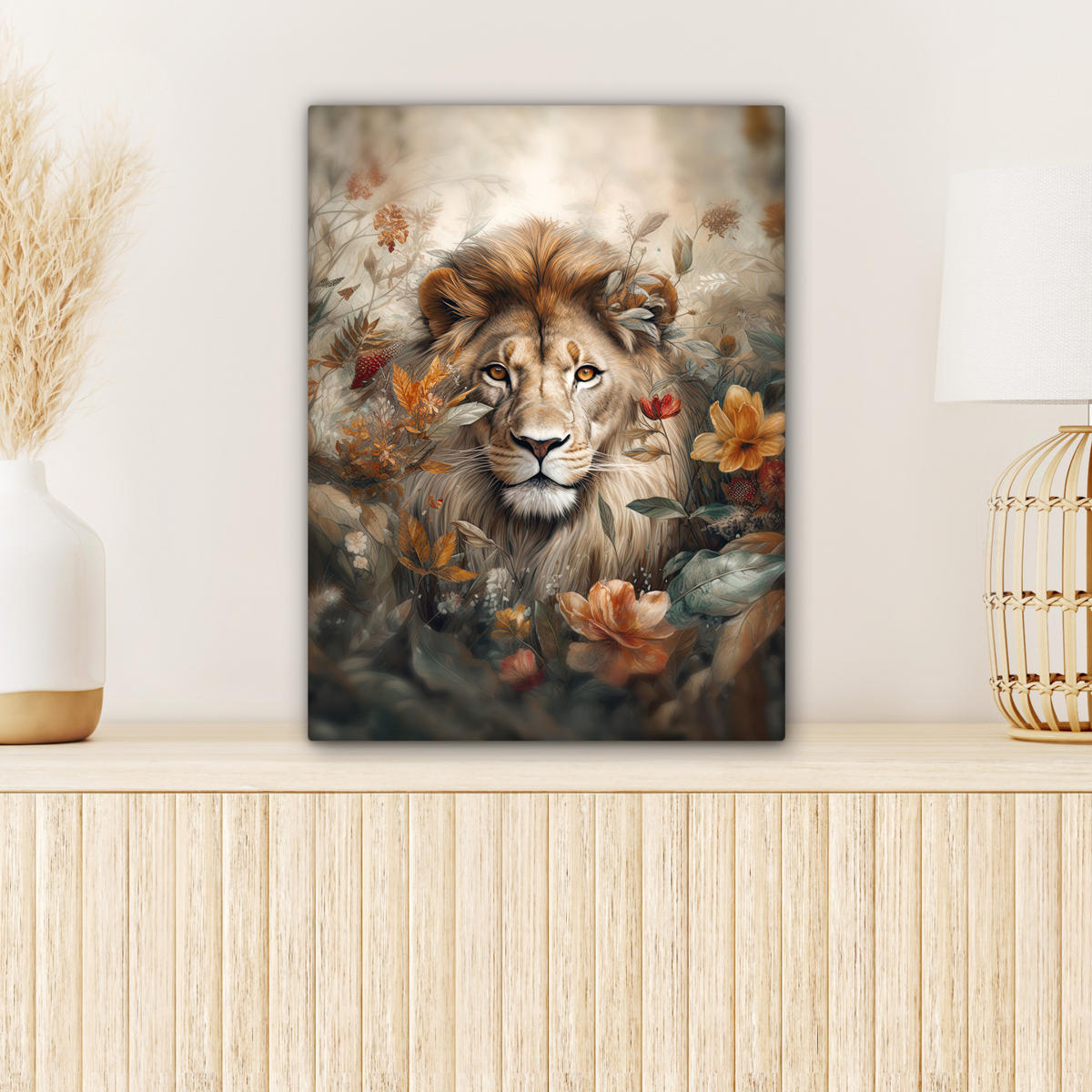 LEINWANDBILD Löwe - Wildtiere - Pflanzen - Natur - Blumen Room Decor 30x40 cm - Beige, Textil (30/40cm) - MuchoWow
