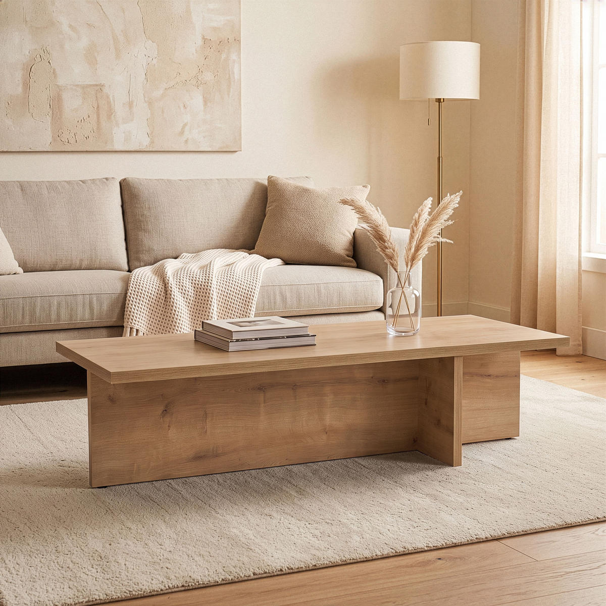 COUCHTISCH mit rechteckiger Platte und asymmetrischem Fuß L120 cm - HARBOR - Eichefarben, Holzwerkstoff (50/45/30cm) - Calicosy