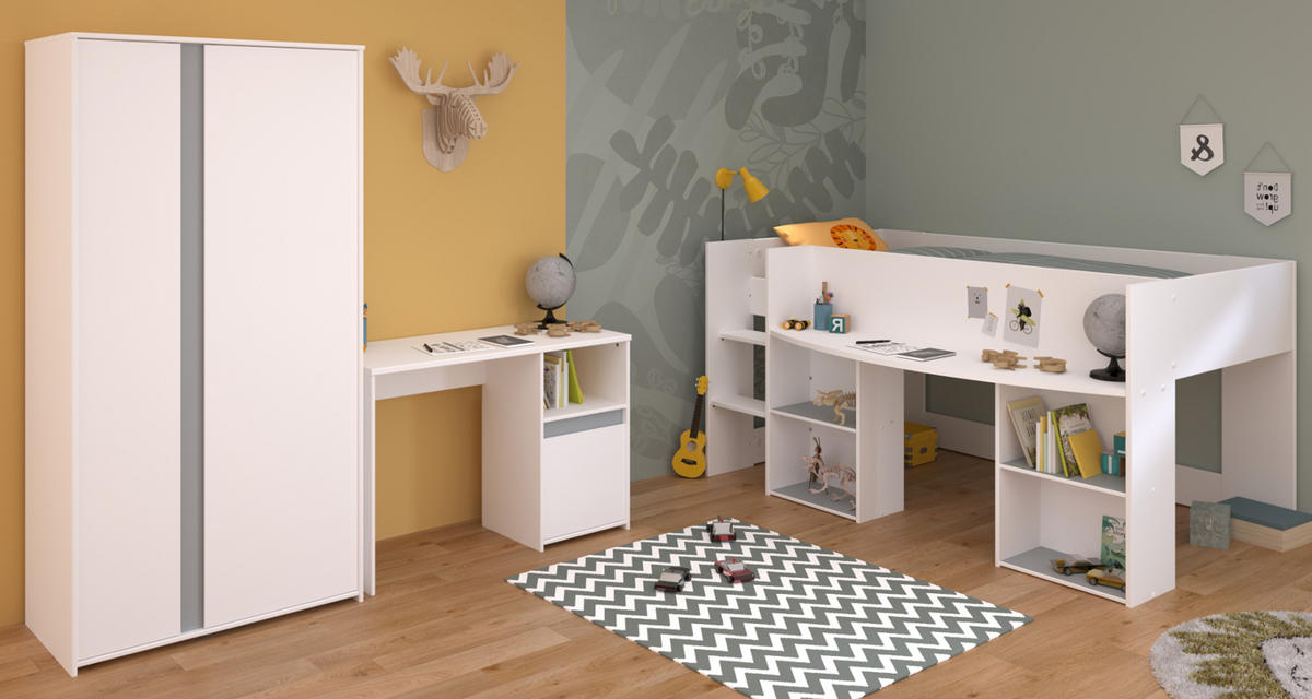 KINDERZIMMER Set 3-tlg. Kleiderschrank Schreibtisch Hochbett 90x200 - Weiß, Holz/Holzwerkstoff (90/182/200cm) - Parisot Meuble