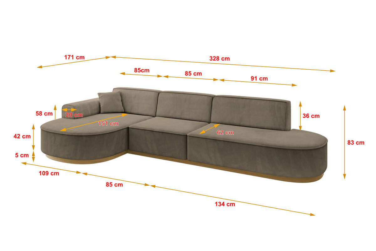 ECKSOFA Ottomane Links MARI-L2-v2 - 328x171x83 cm Dunkelbraun Velours - Dunkelbraun, Holzwerkstoff/Textil (328/171cm) - ALTDECOR