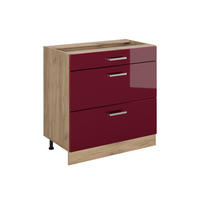 KÜCHENUNTERSCHRANK R-Line, Rot Hochglanz/Goldkraft Eiche, 80 cm mit 3 Schubladen ohne Arbeitsplatte - Eichefarben/Rot, Holzwerkstoff (80/81.6/46cm) - Vicco