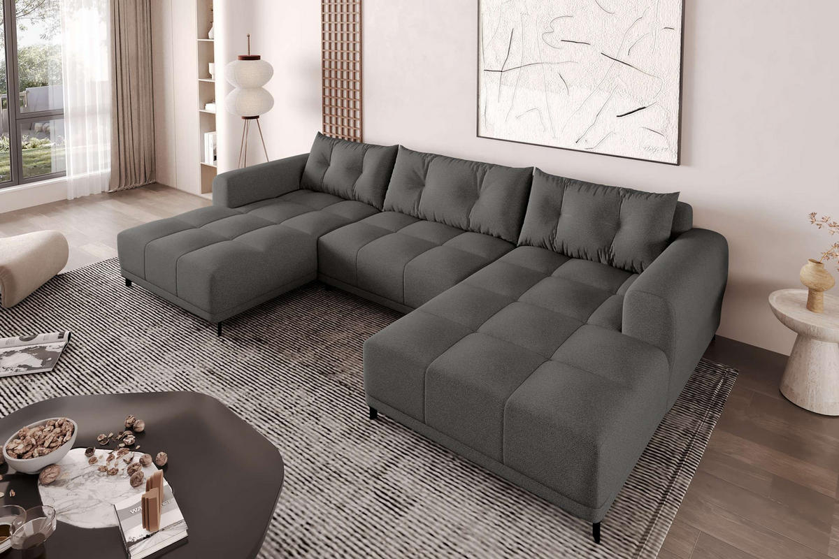 WOHNLANDSCHAFT Strukturstoff Anthrazit inkl. Schlaffunktion - Anthrazit/Schwarz, Textil/Metall (348/94/181cm) - 99rooms