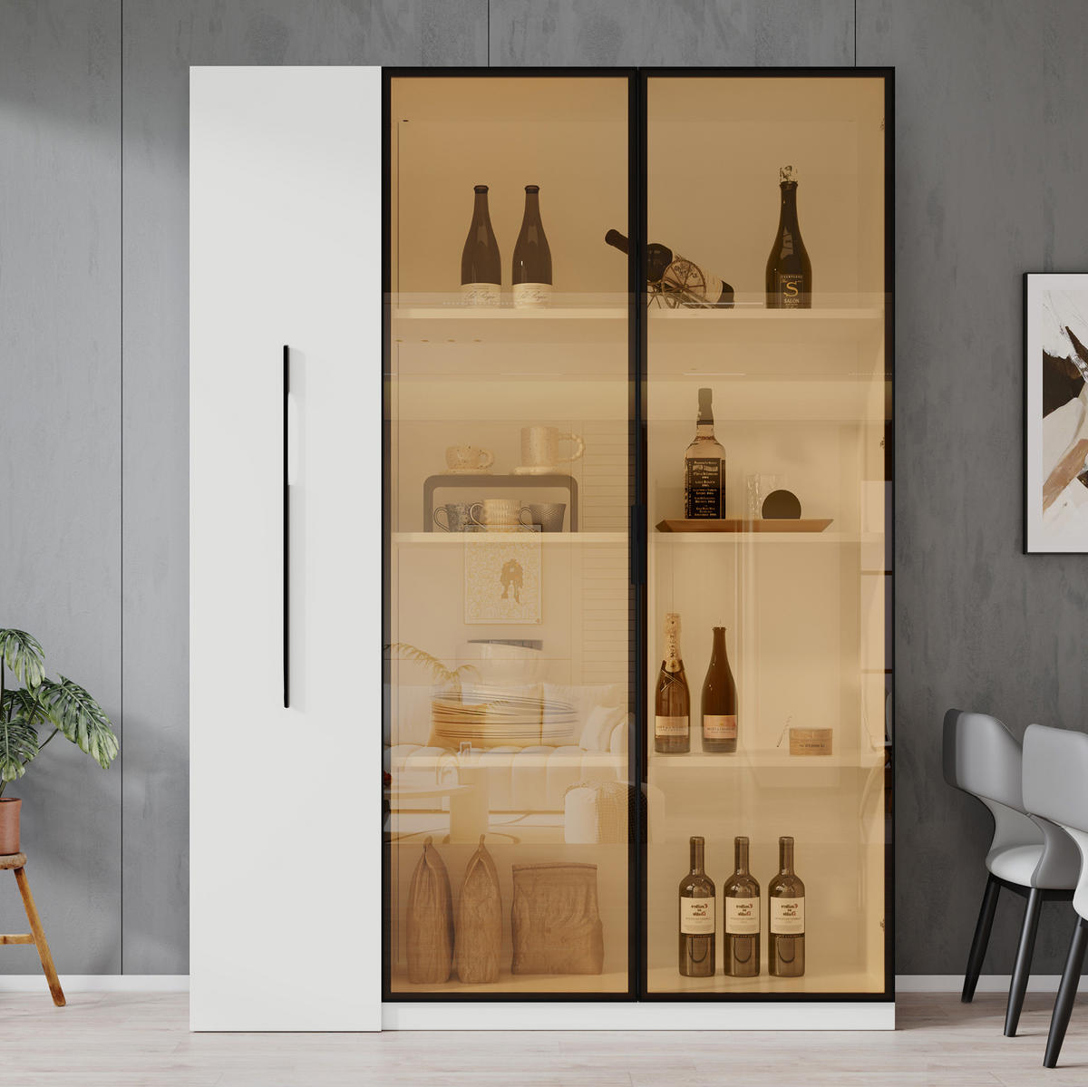 VITRINE 110,5/35/160 cm aus MDF mit LED-Vitrine und Seitenauszug Weiß - Weiß, Holzwerkstoff (110.5/160/35cm) - Modenvie