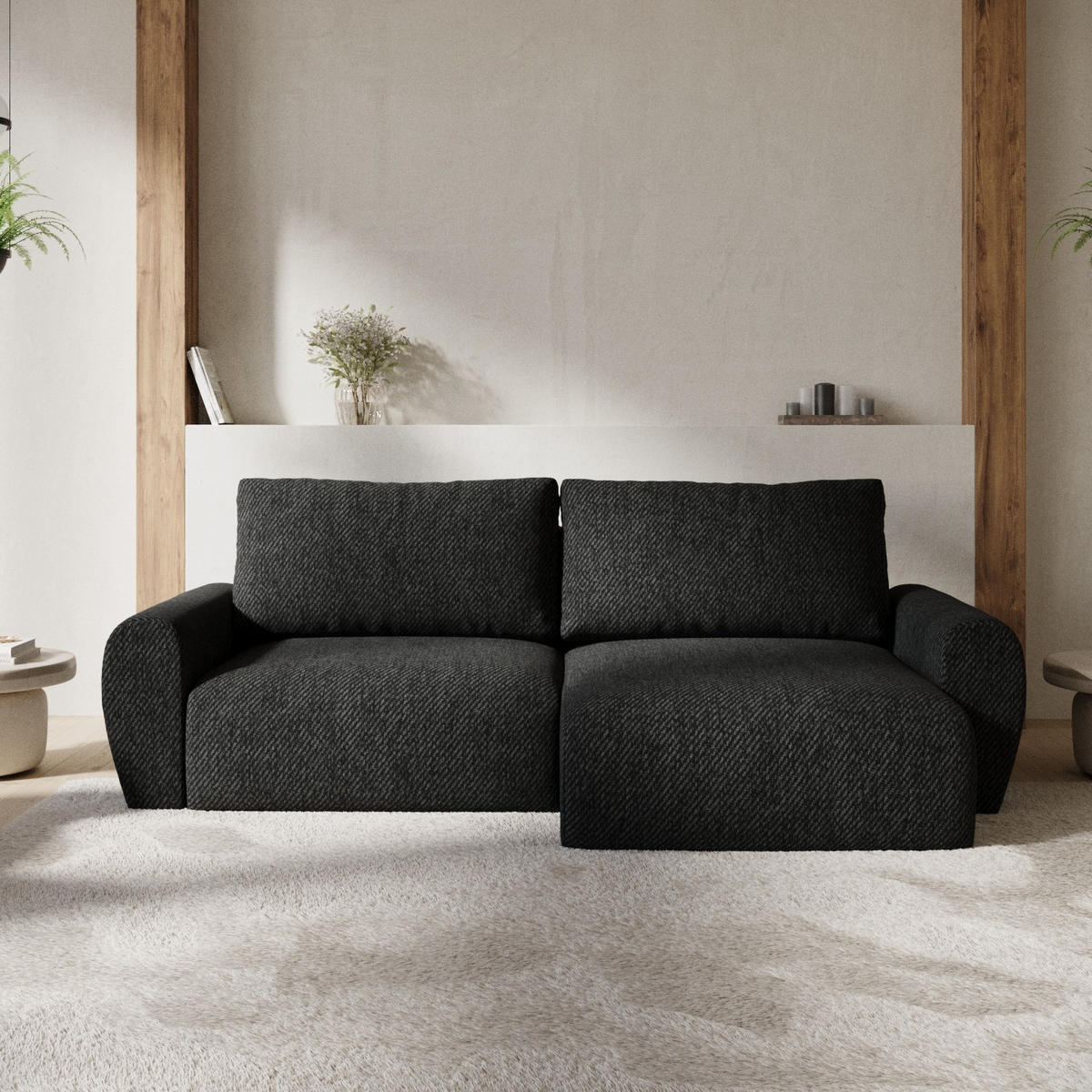 ECKSOFA OMARI mit Schlaffunktion Schwarz im Neve Stoff - Schwarz, Holz/Holzwerkstoff (253/153cm) - AltaBeds