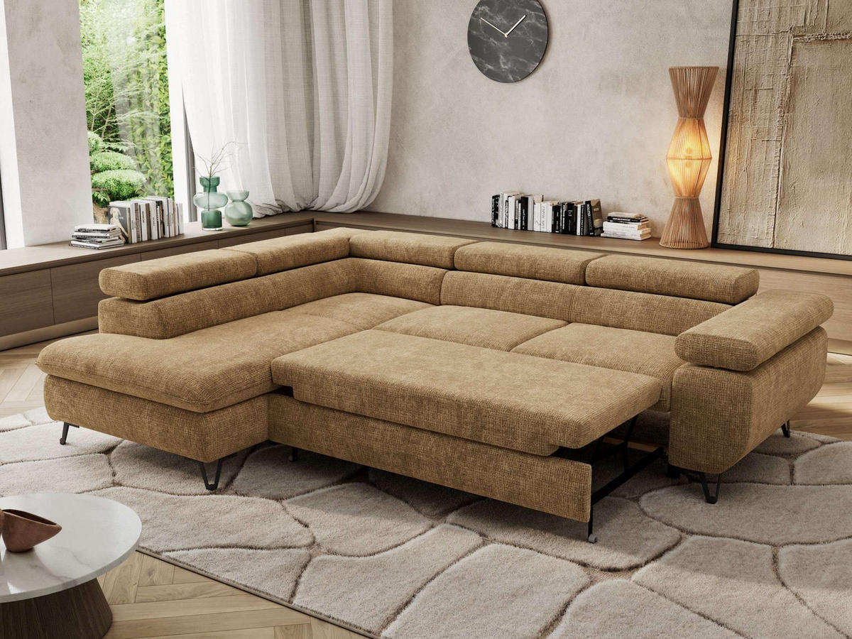 ECKSOFA PABLO L Hellbraun Schenille grob gewebt - Links Seite - Hellbraun/Schwarz, Textil/Metall (208/273cm) - MKS