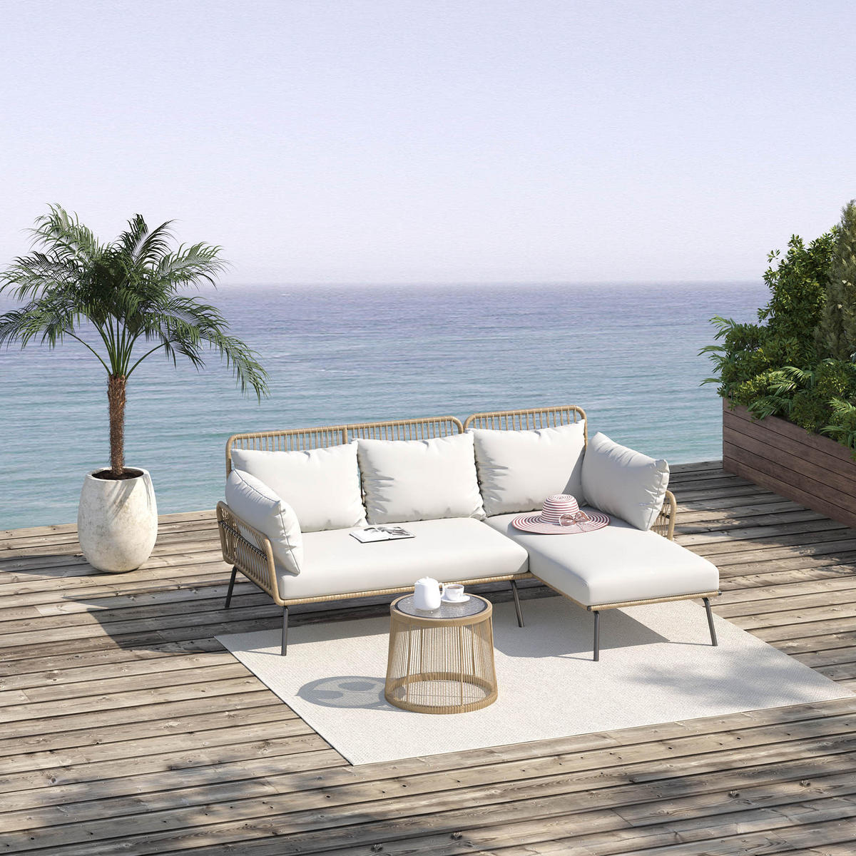 GARTENLOUNGE DE-13558 mit Recamiere & Glastisch Creme - Creme, Kunststoff/Metall - ComfortXL
